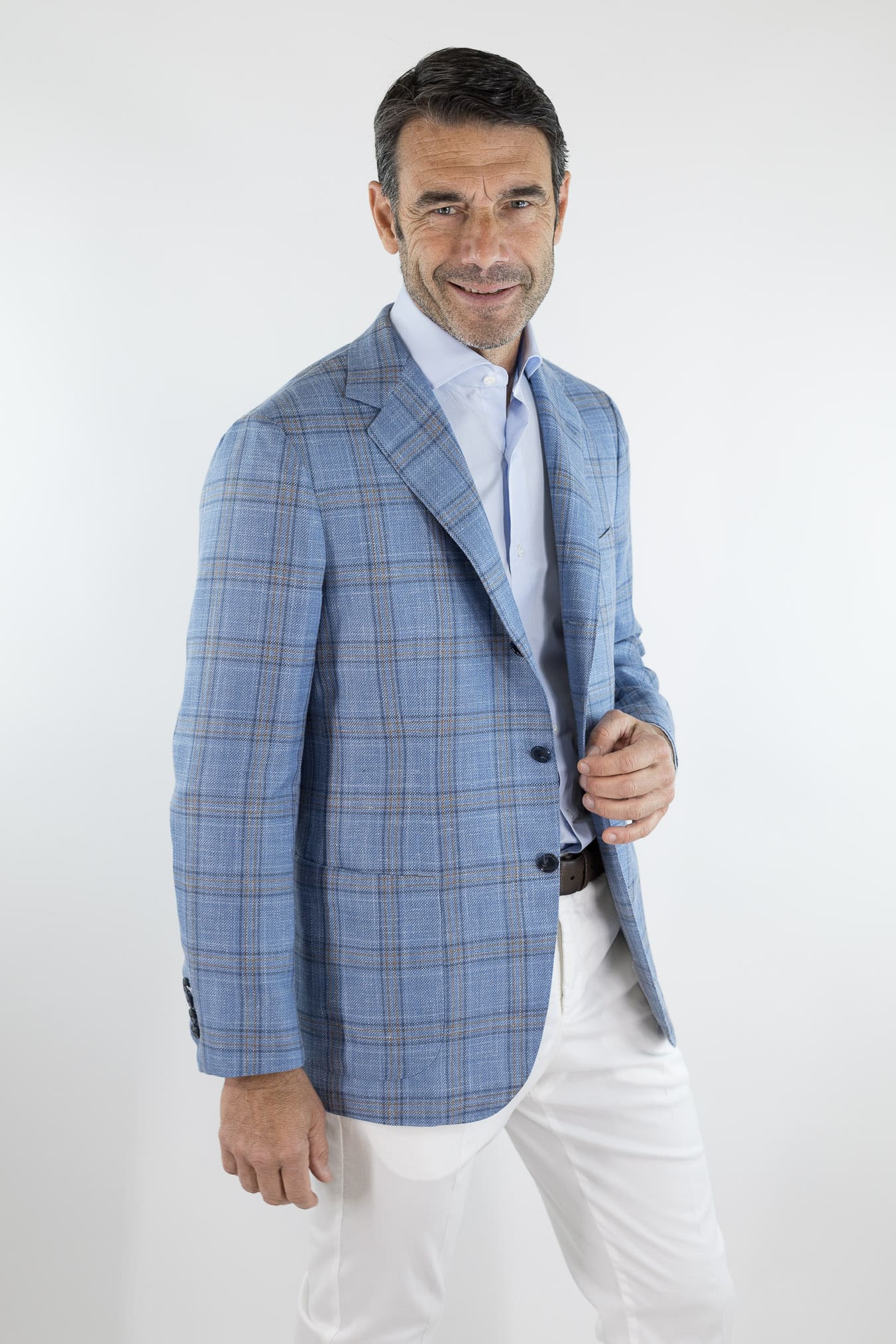 SARTORIO Giacca Check Lana Seta Lino Azzurro