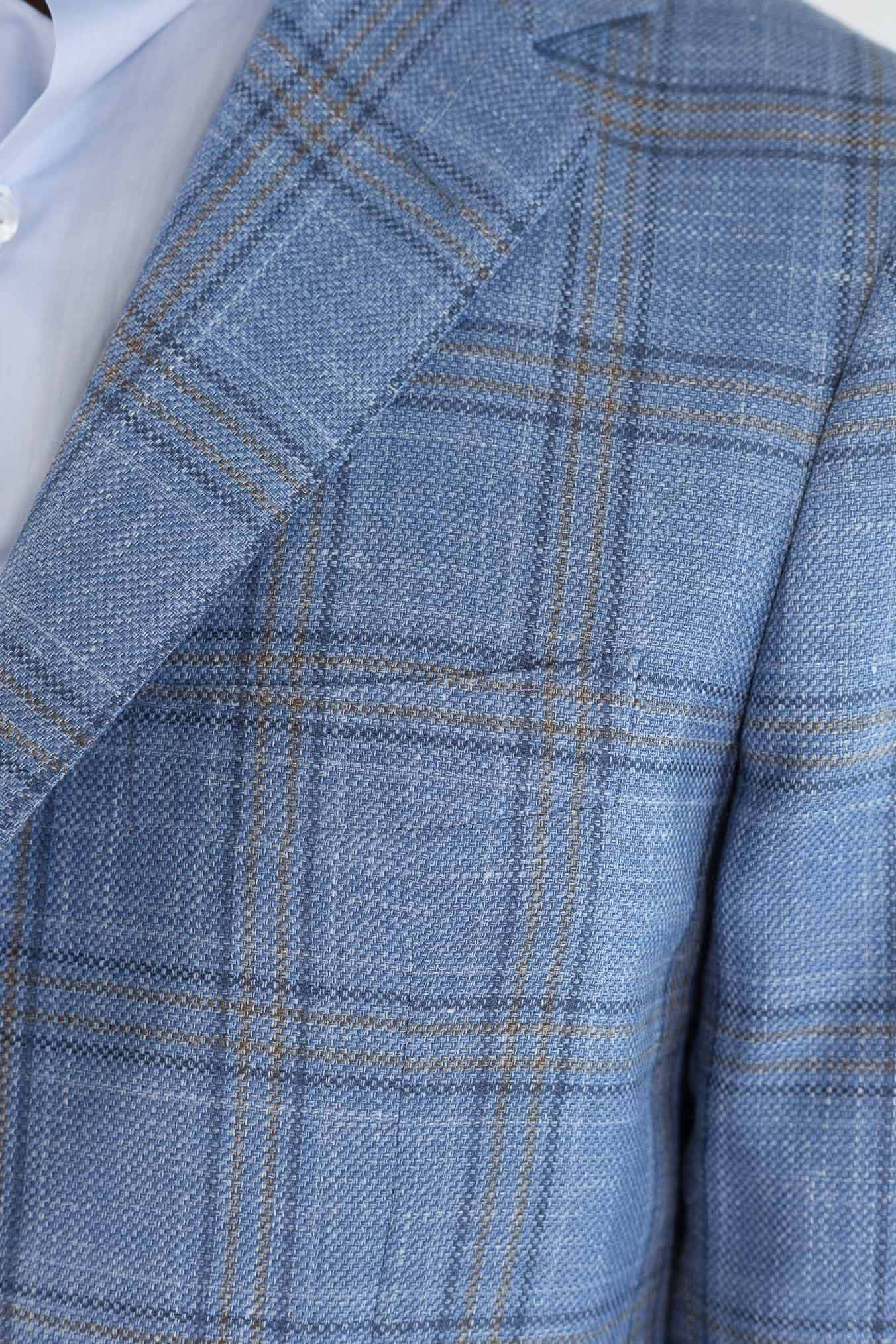 SARTORIO Giacca Check Lana Seta Lino Azzurro