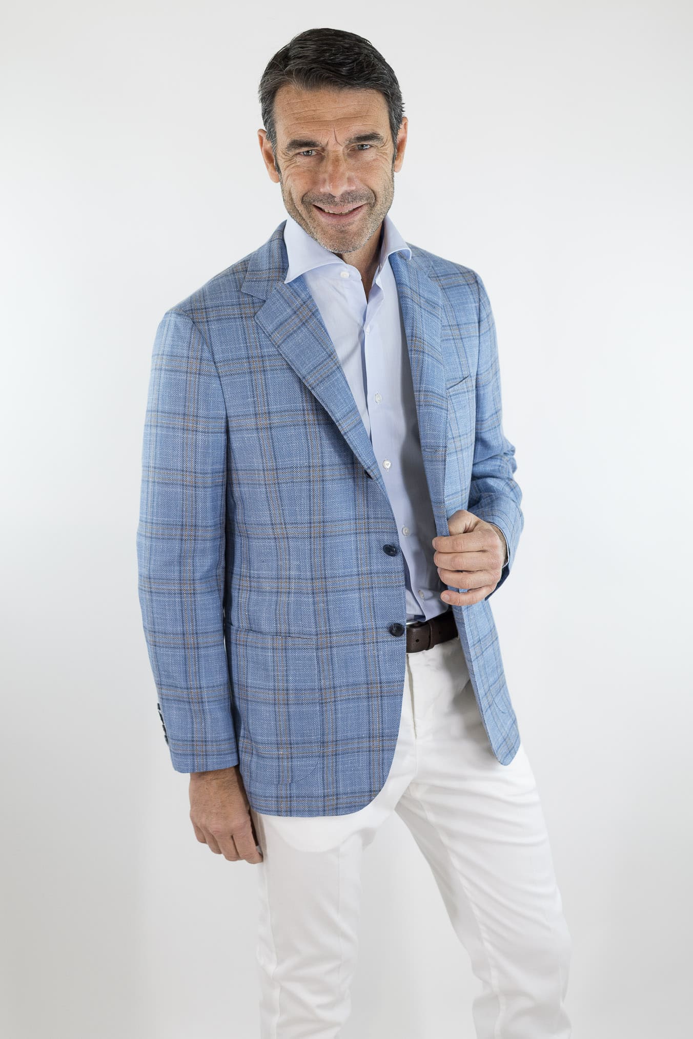 SARTORIO Giacca Check Lana Seta Lino Azzurro