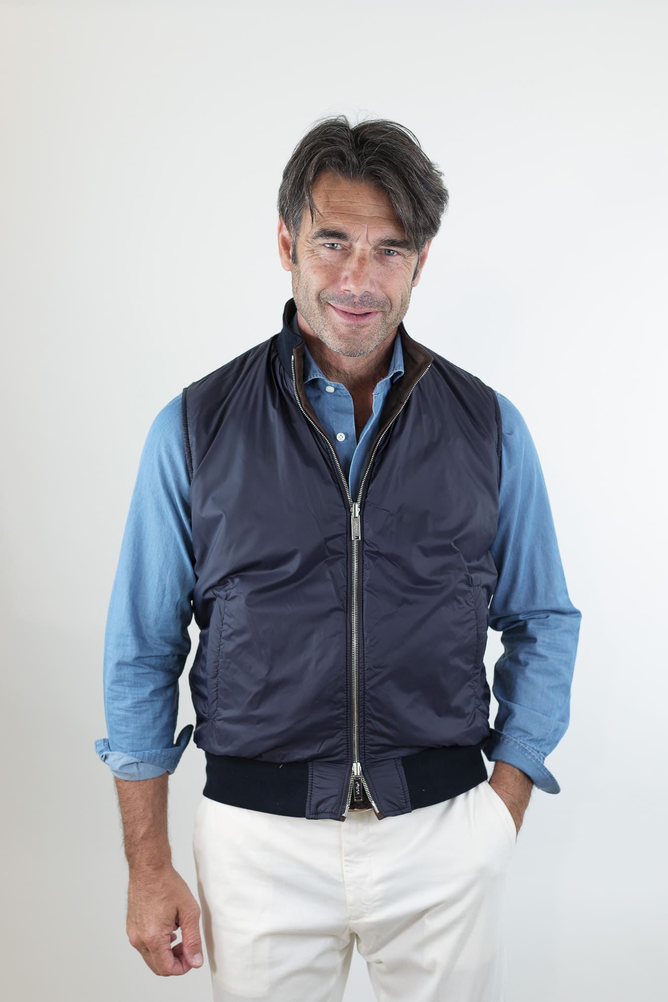 VOLFAGLI Gilet Reversibile Suede Marrone Nylon Blu