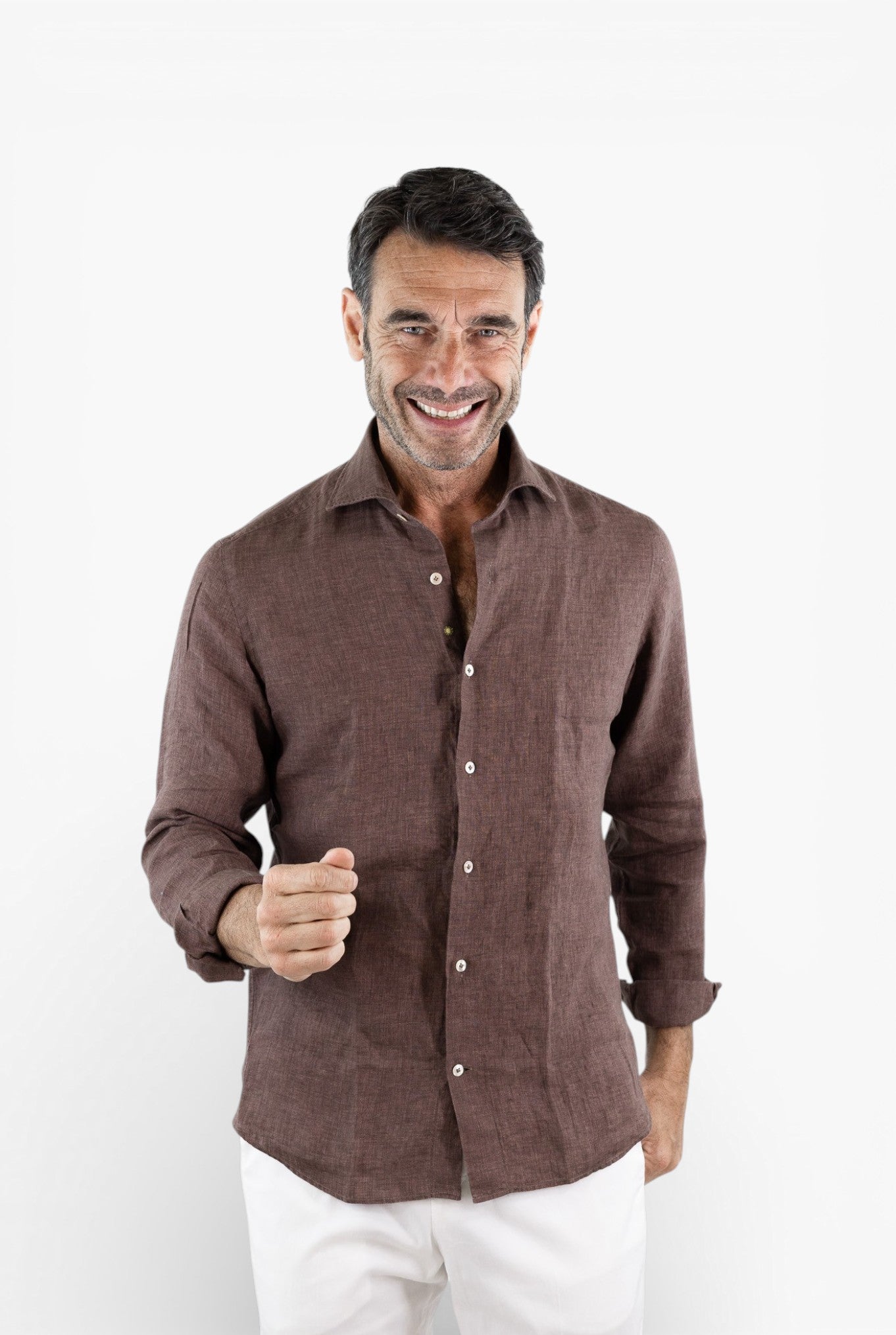 GIANNETTO PORTOFINO Camicia Lino Marrone SLIM FIT