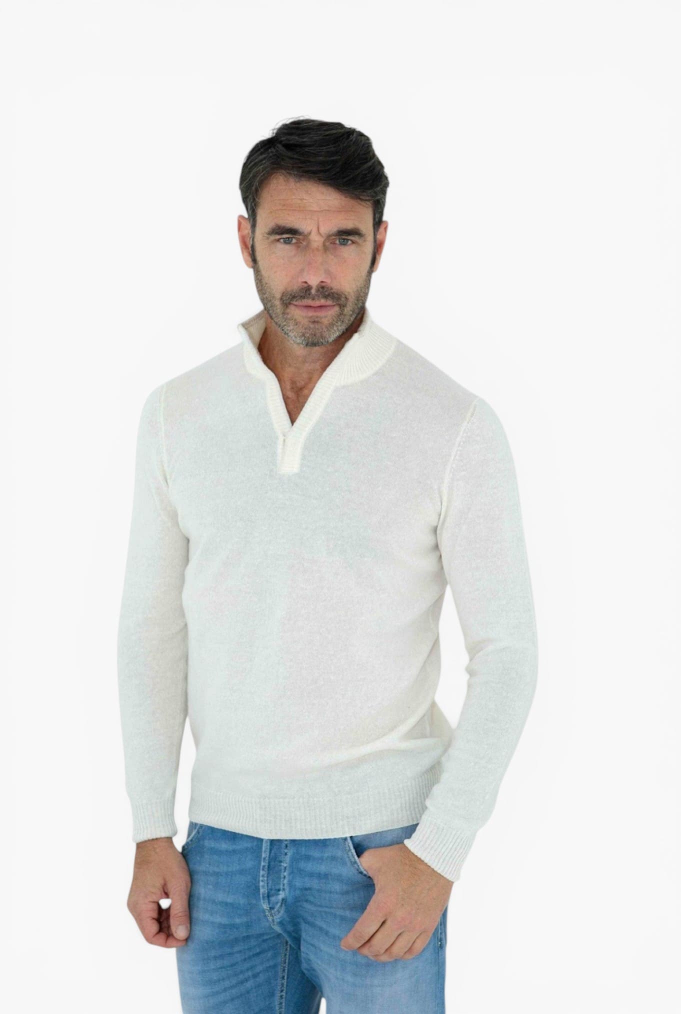 Maglia Cashmere e Lino Panna Mélange - Guarino Store