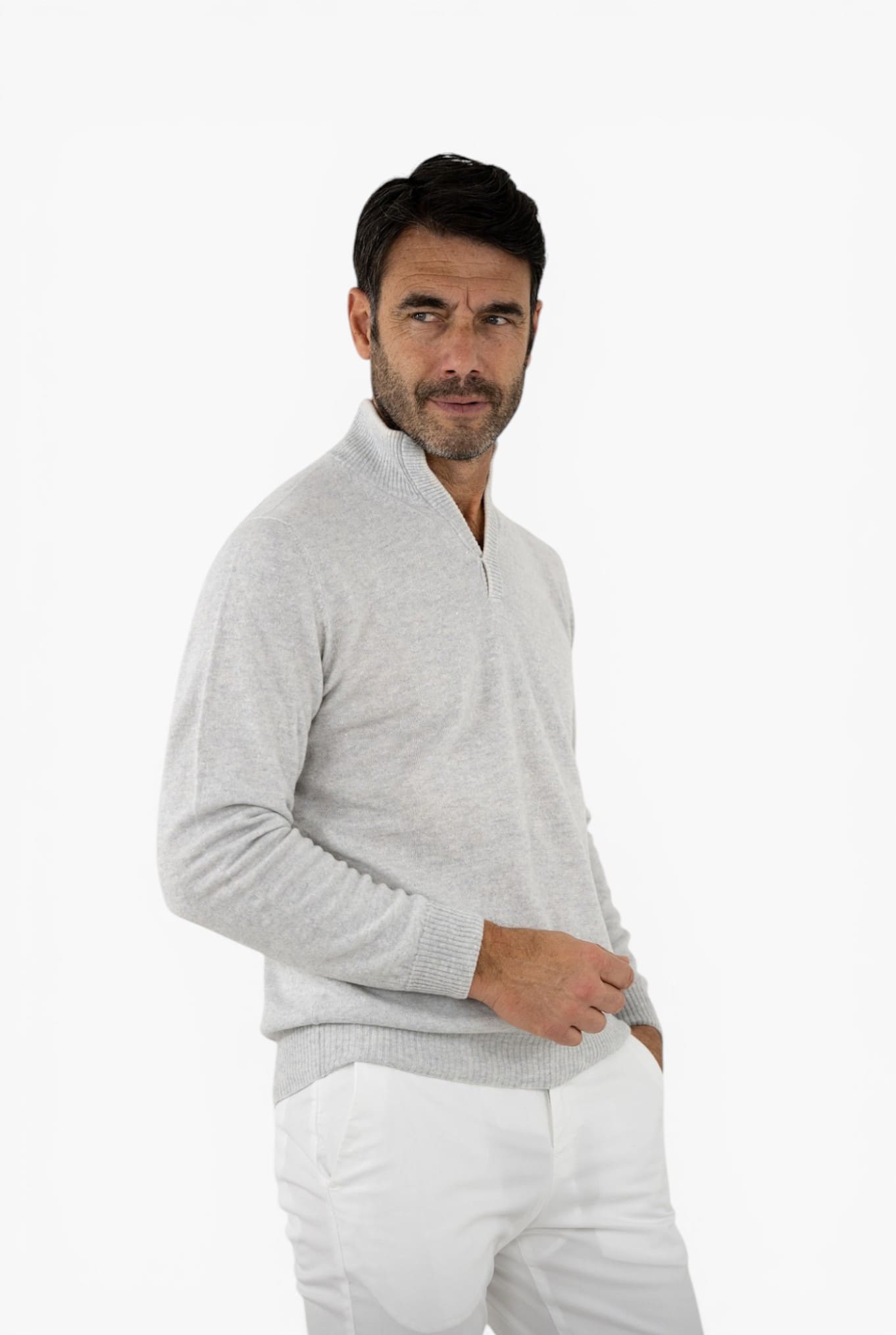 Maglia Cashmere e Lino Grigio Chiaro Mélange - Guarino Store