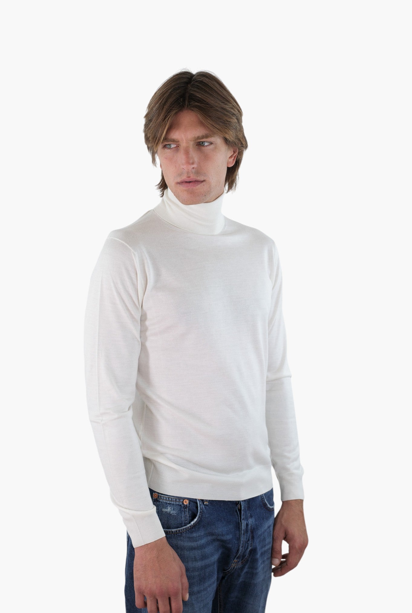 Cashmere and Silk Combed Turtleneck Cream White