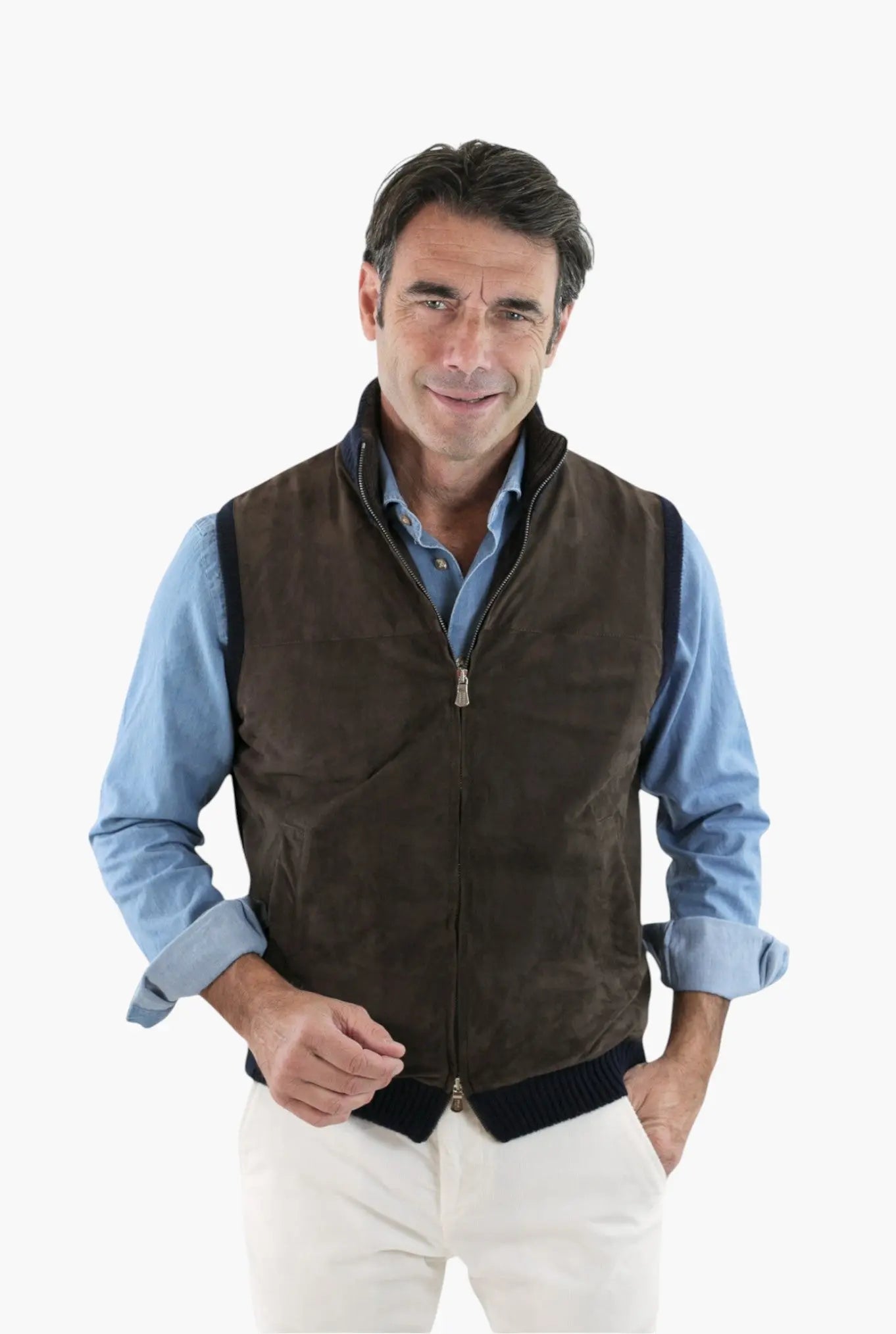 Gilet Cashmere e Suede Testa di Moro/Blu FEDELI