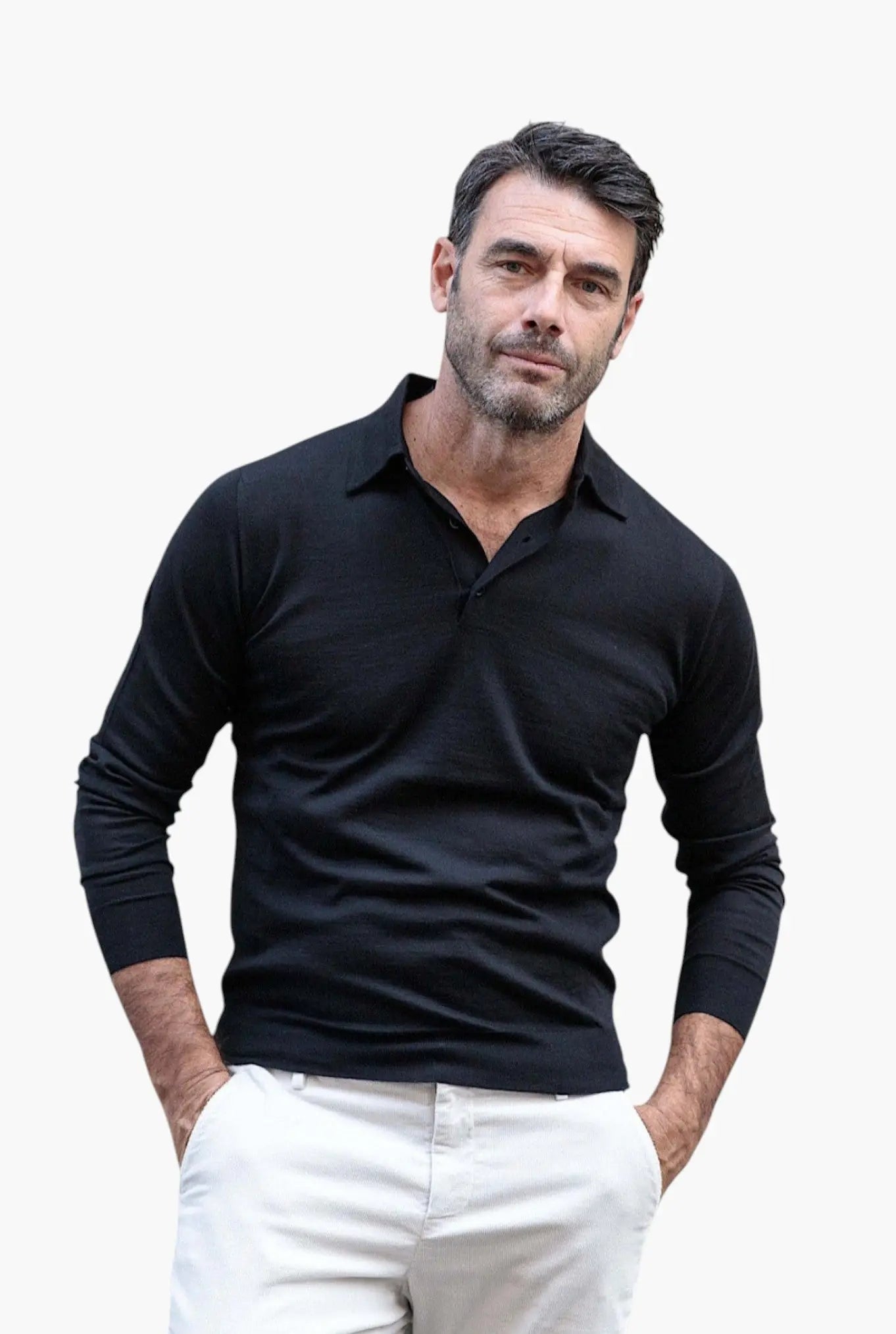 Polo Cashmere e Seta Manica Lunga Nera GUARINO
