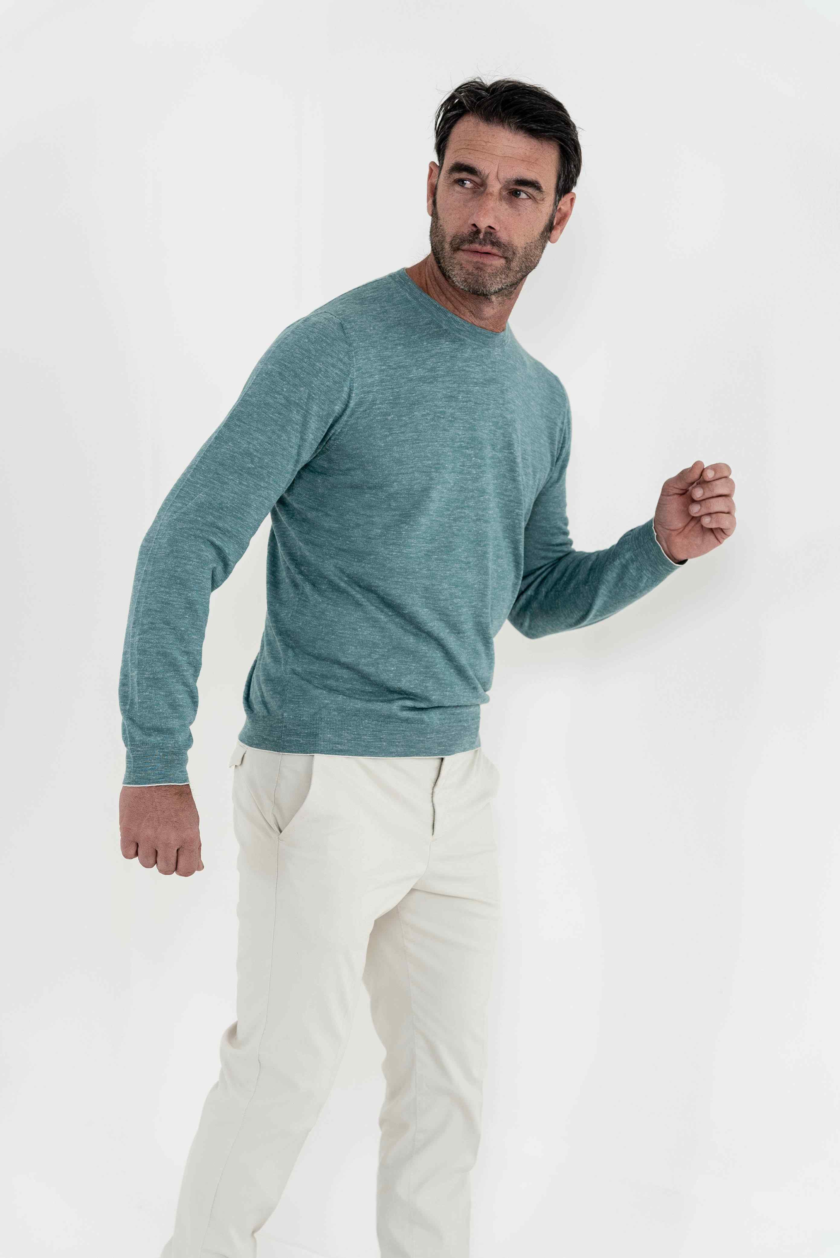 SVEVO PARMA Girocollo Seta e Lino Manica Lunga Verde Mélange - Guarino Store