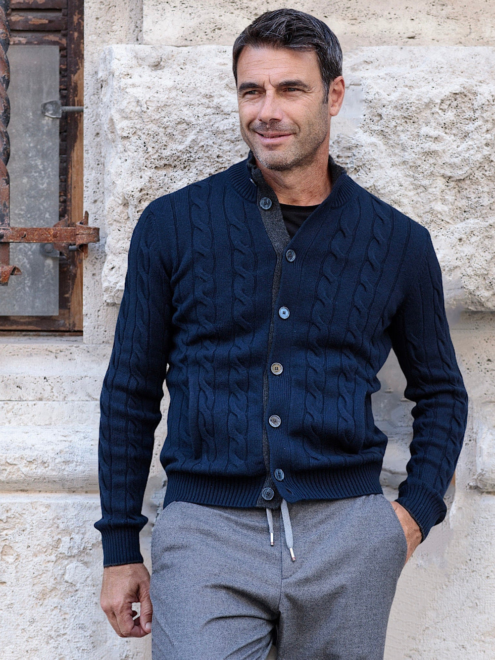Barba Cardigan in Cashmere a Treccia blu - Guarino Store