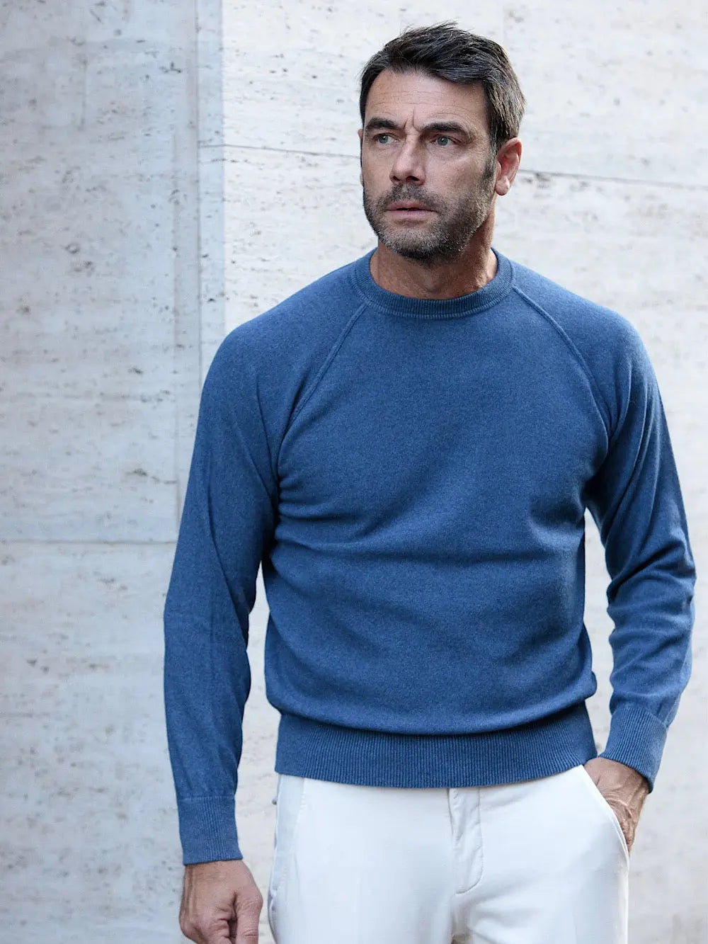 Girocollo Cashmere Taglio Felpa Lavato Blu Cobalto - Guarino Store