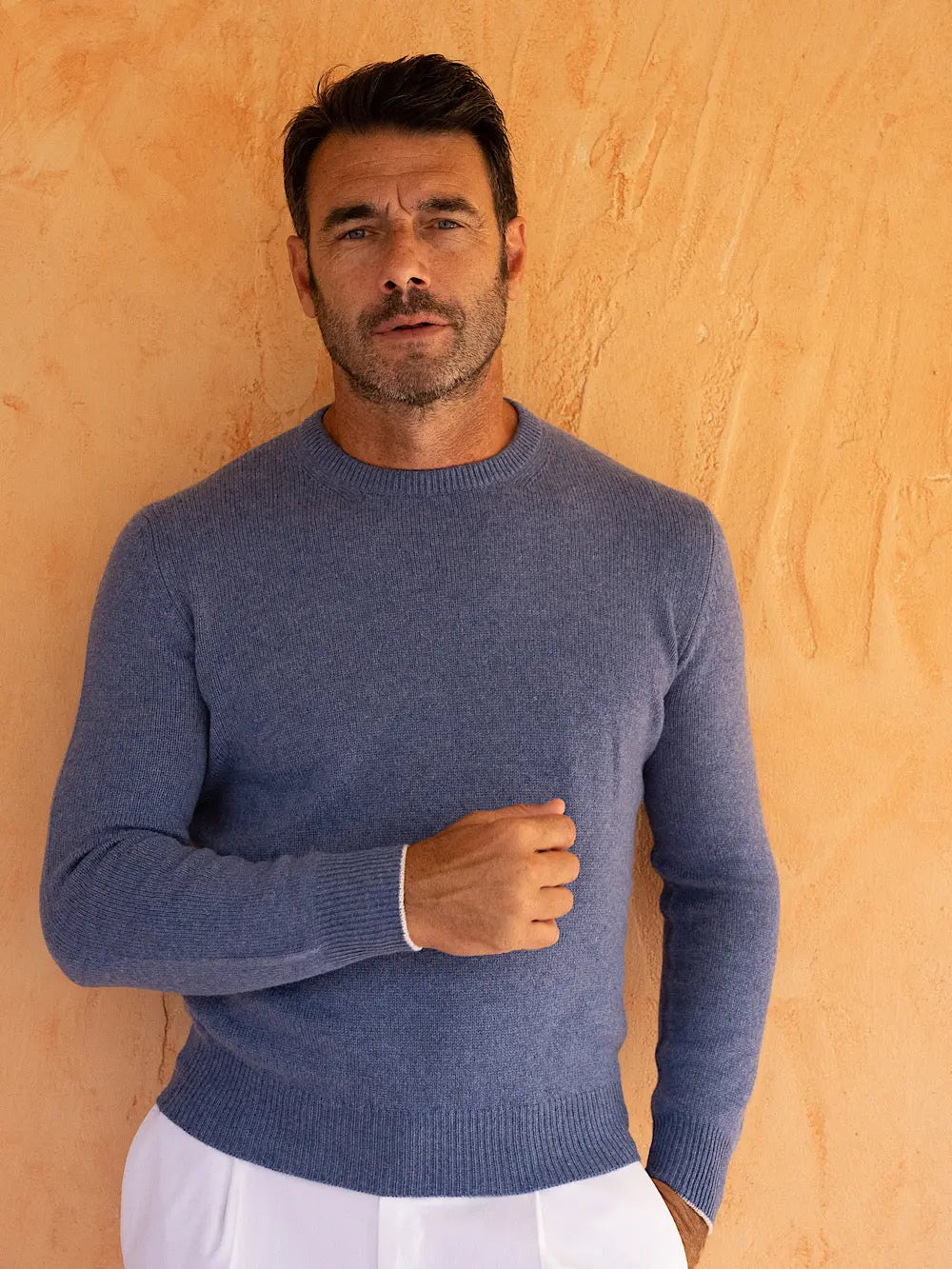 Girocollo cashmere tessuto Loro Piana blu avio - Guarino Store