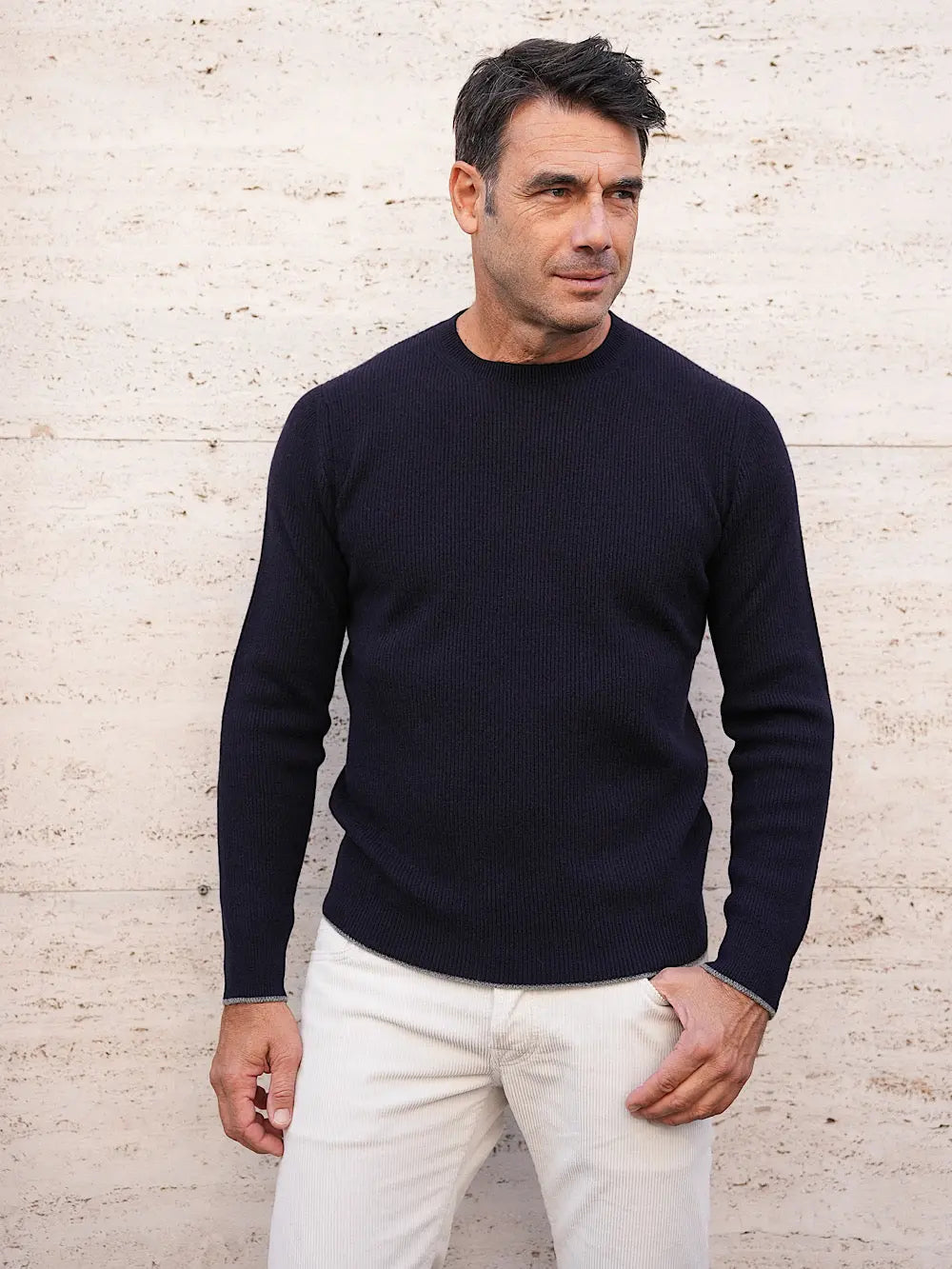 Girocollo Cashmere a Costa Inglese blu navy - Guarino Store