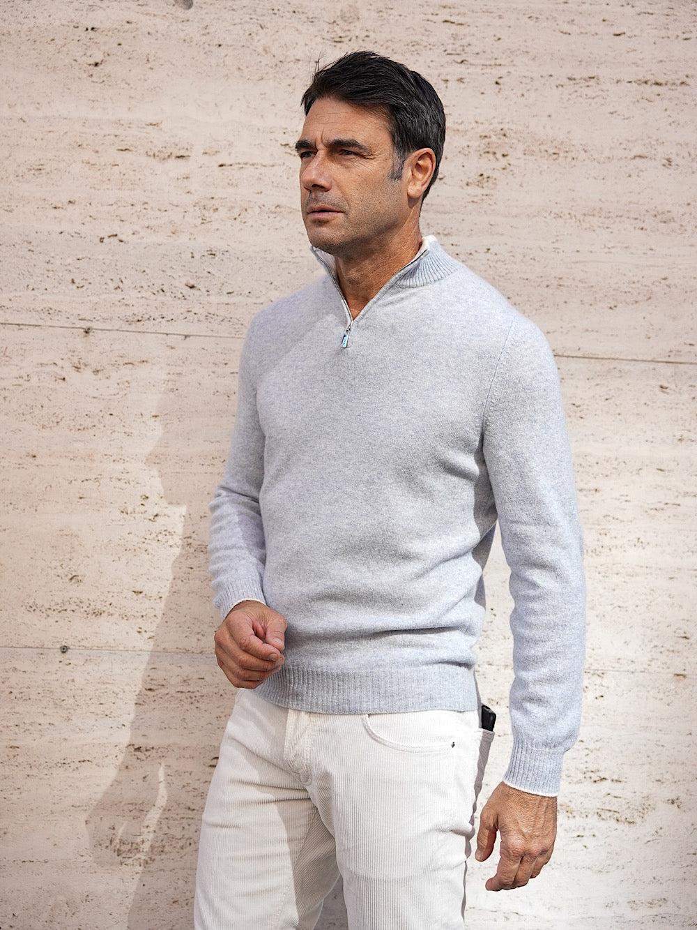 Fedeli Pullover Zip Cashmere Celeste Polvere Mélange - Guarino Store