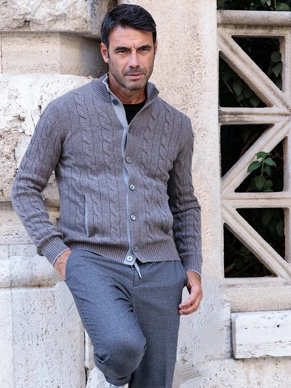 Barba Cardigan in Cashmere a Treccia tortora - Guarino Store