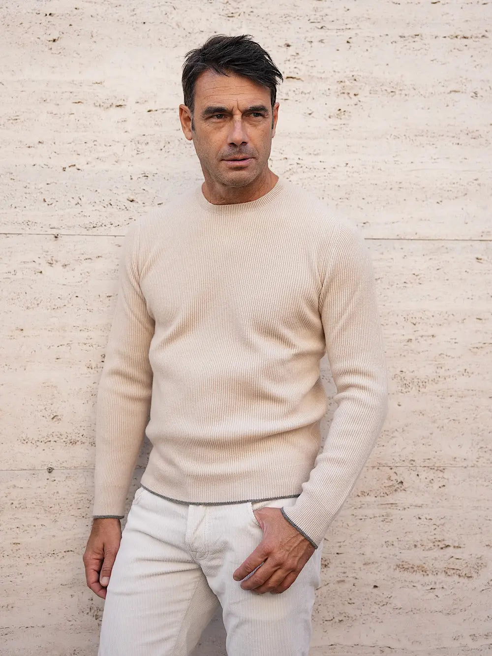 Girocollo Cashmere a Costa Inglese burro - Guarino Store