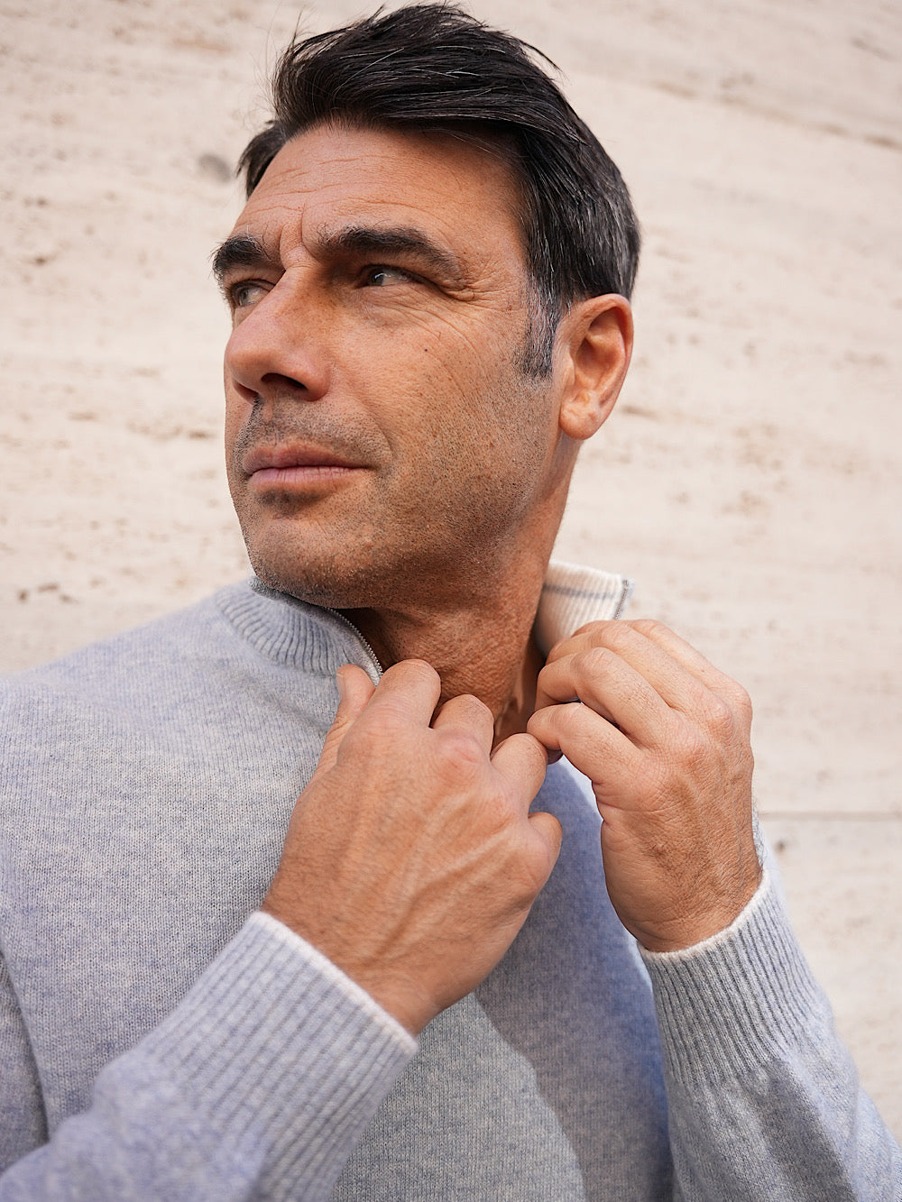 Fedeli Pullover Zip Cashmere Celeste Polvere Mélange - Guarino Store