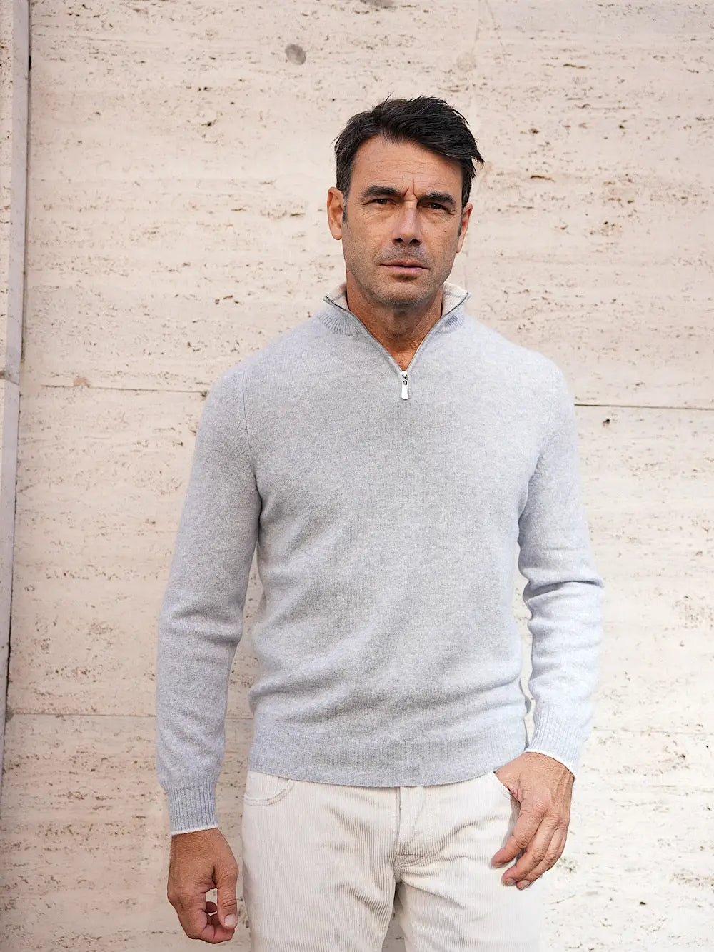 Fedeli Pullover Zip Cashmere Celeste Polvere Mélange - Guarino Store
