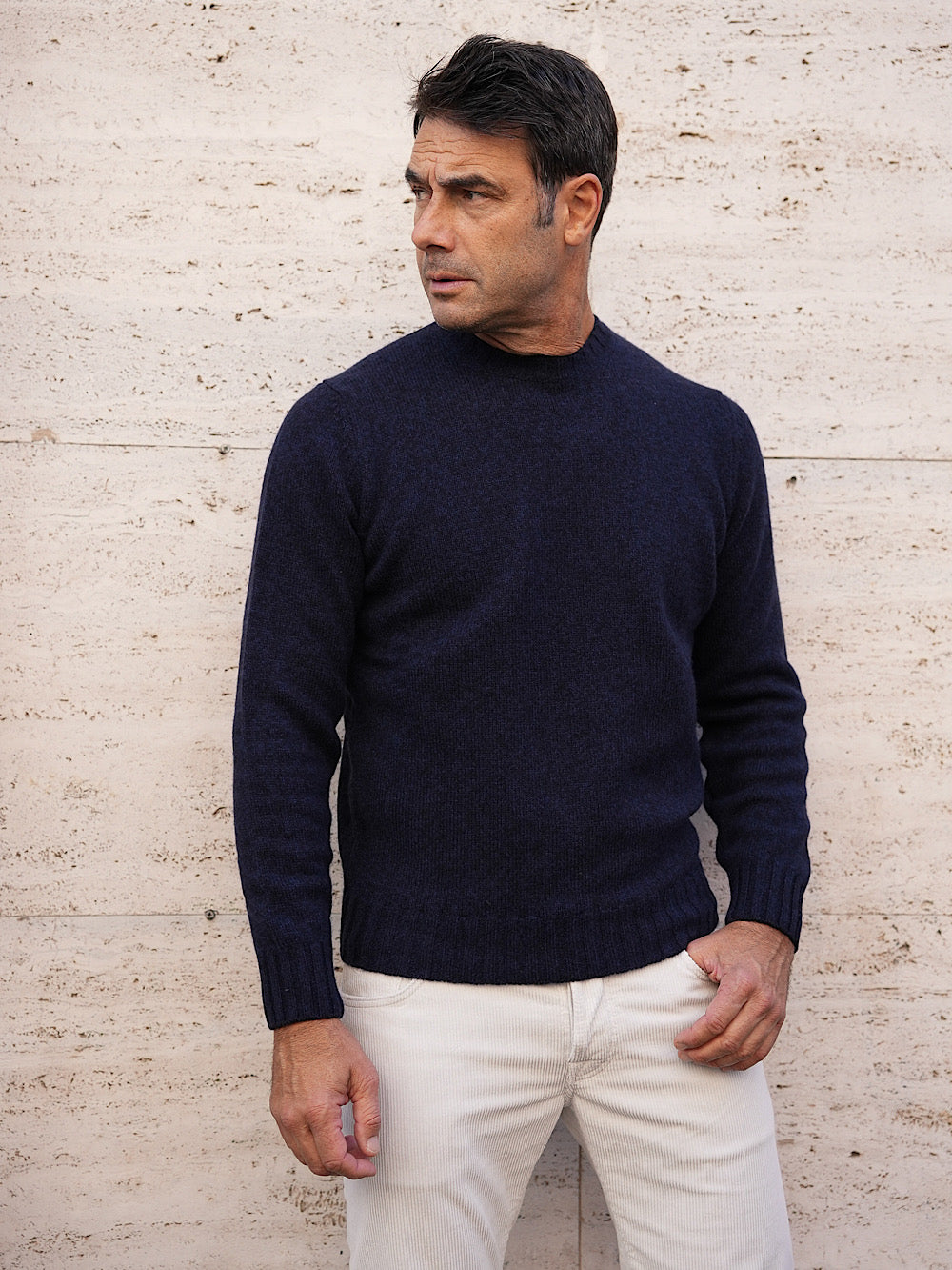 Girocollo Lana Cashmere blu mélange - Guarino Store