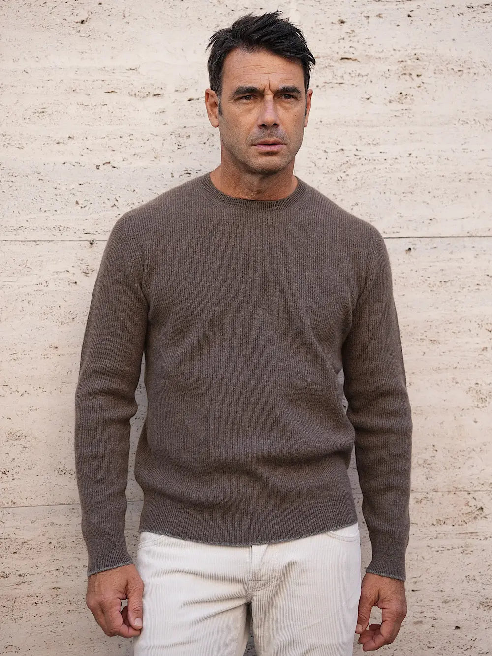 Girocollo Cashmere a Costa Inglese tortora - Guarino Store