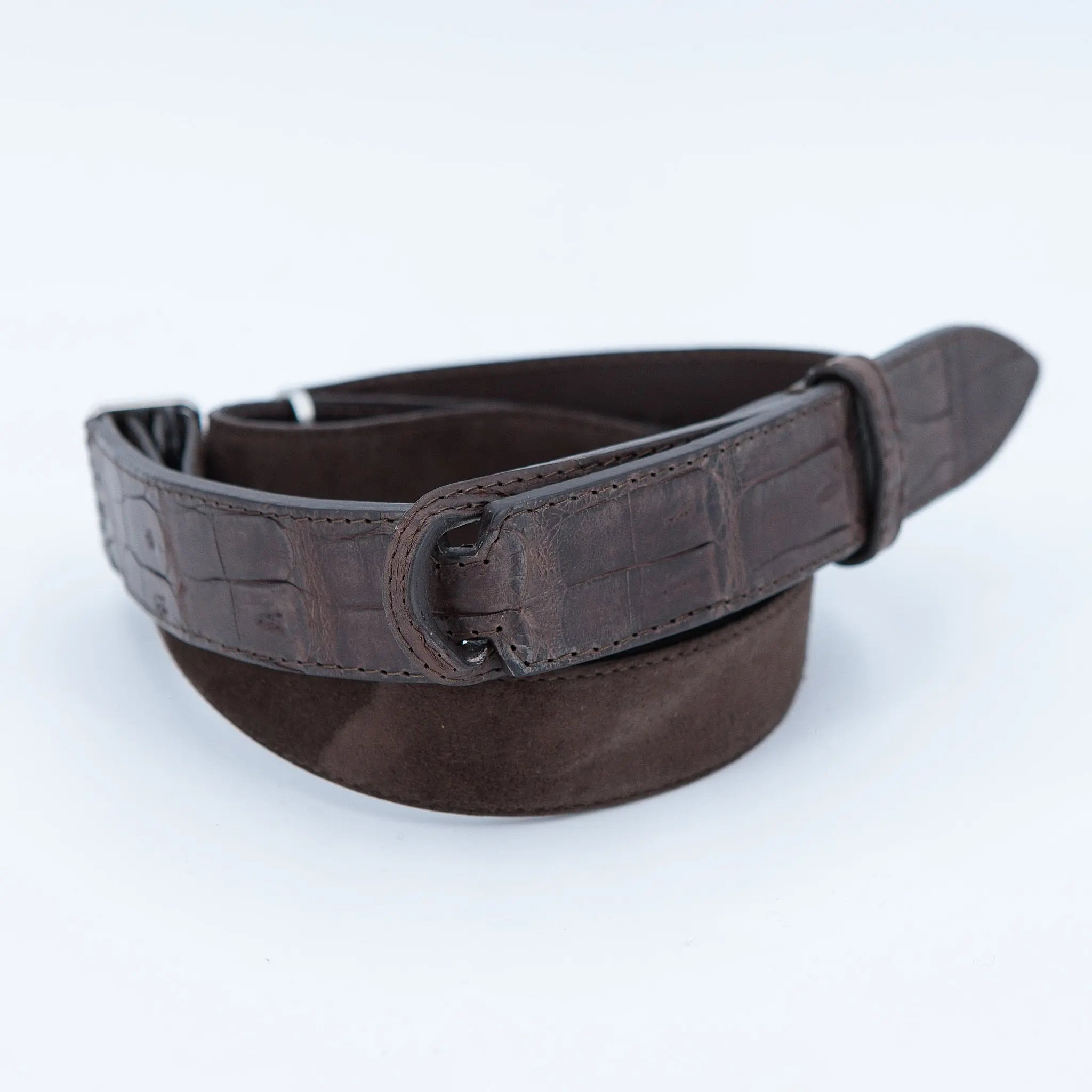 Cintura Nobuckle coccodrillo e suede testa di moro - Guarino Store