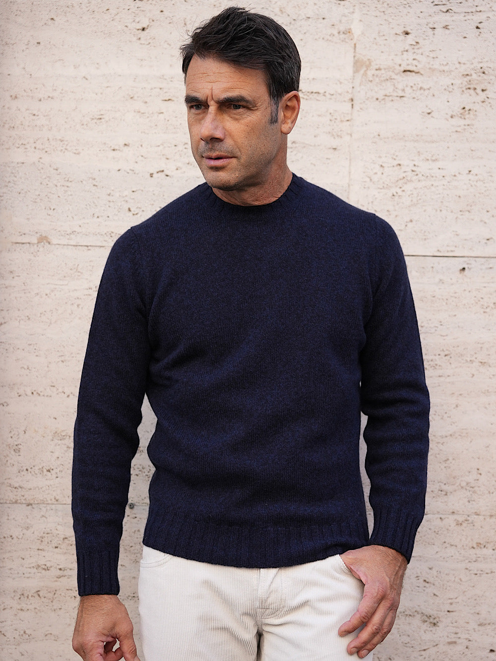 Girocollo Lana Cashmere blu mélange - Guarino Store