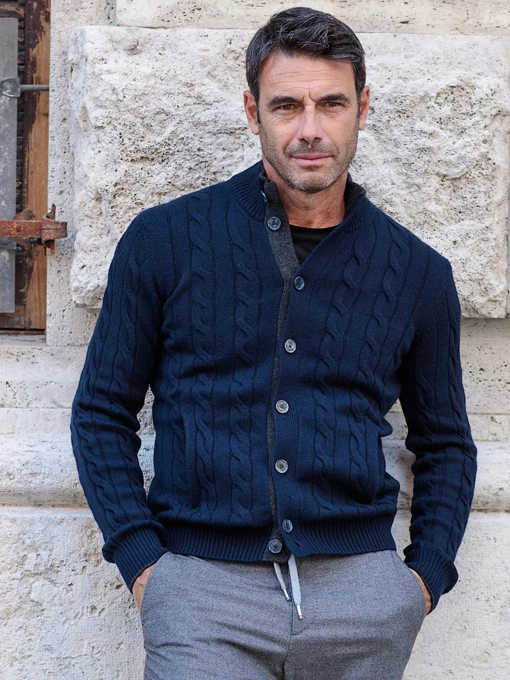Barba Cardigan in Cashmere a Treccia blu - Guarino Store