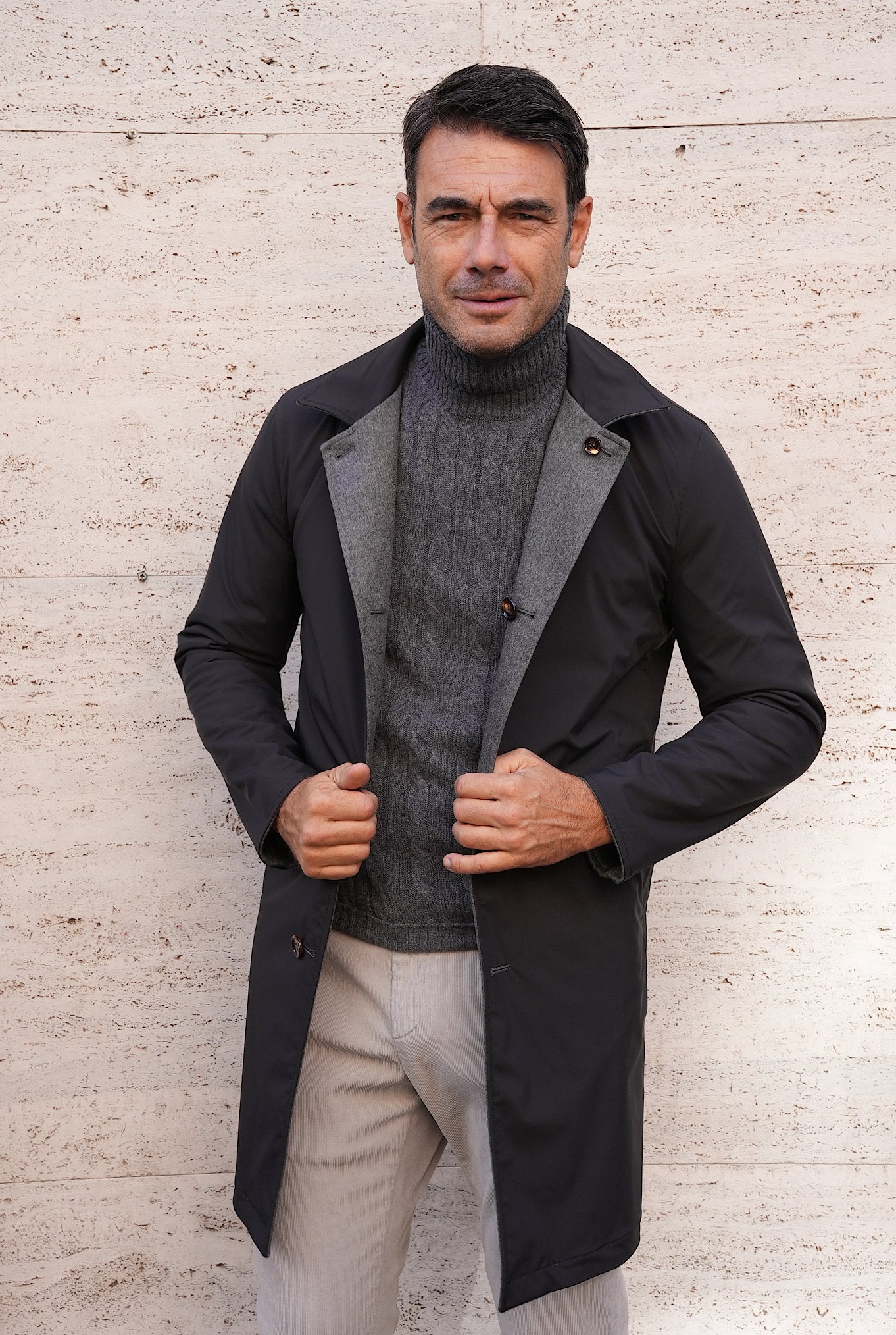 KIRED Black and Gray Reversible Cashmere and Nylon Coat