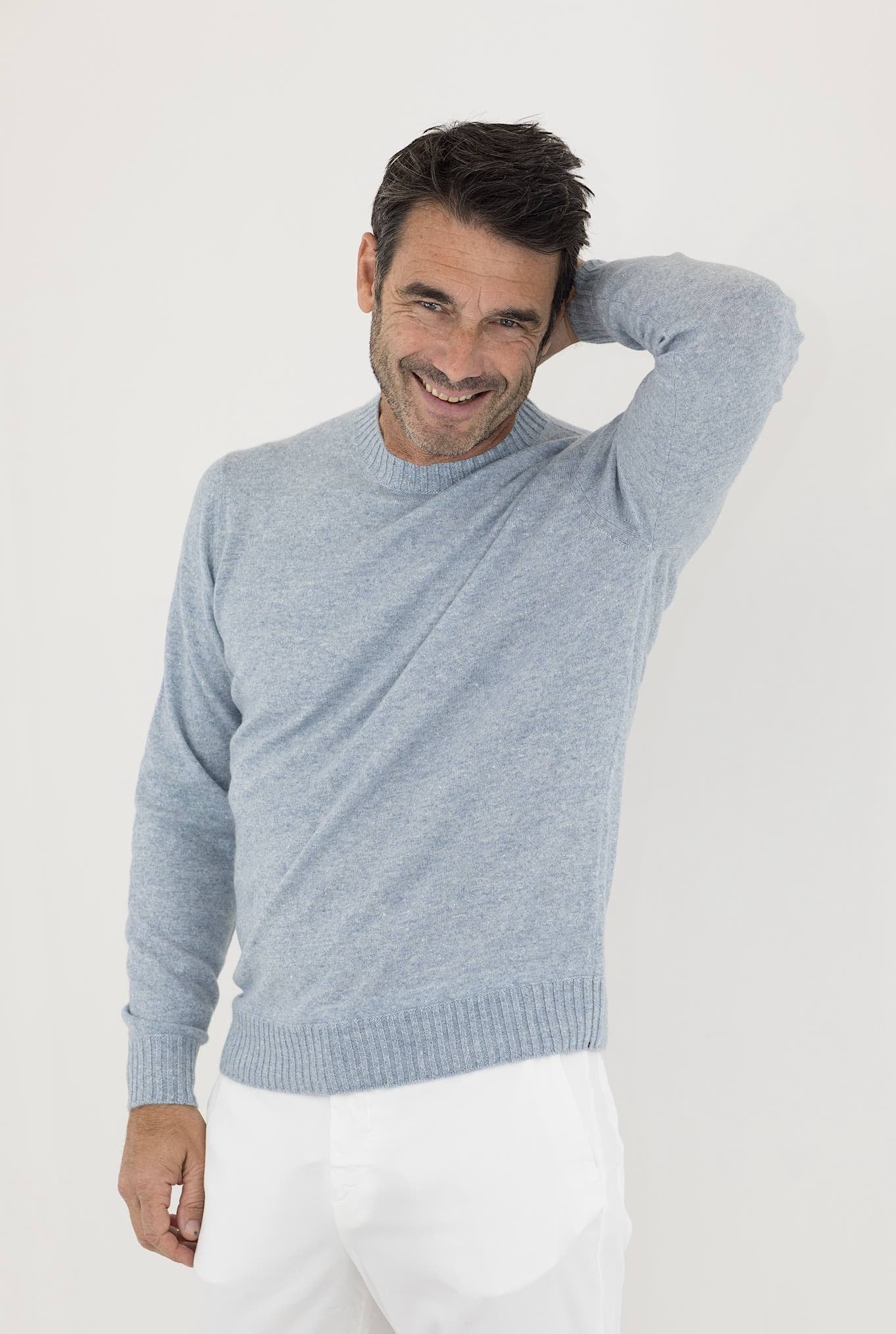 FIORONI Crewneck Cashmere and Linen Light Blue Mélange