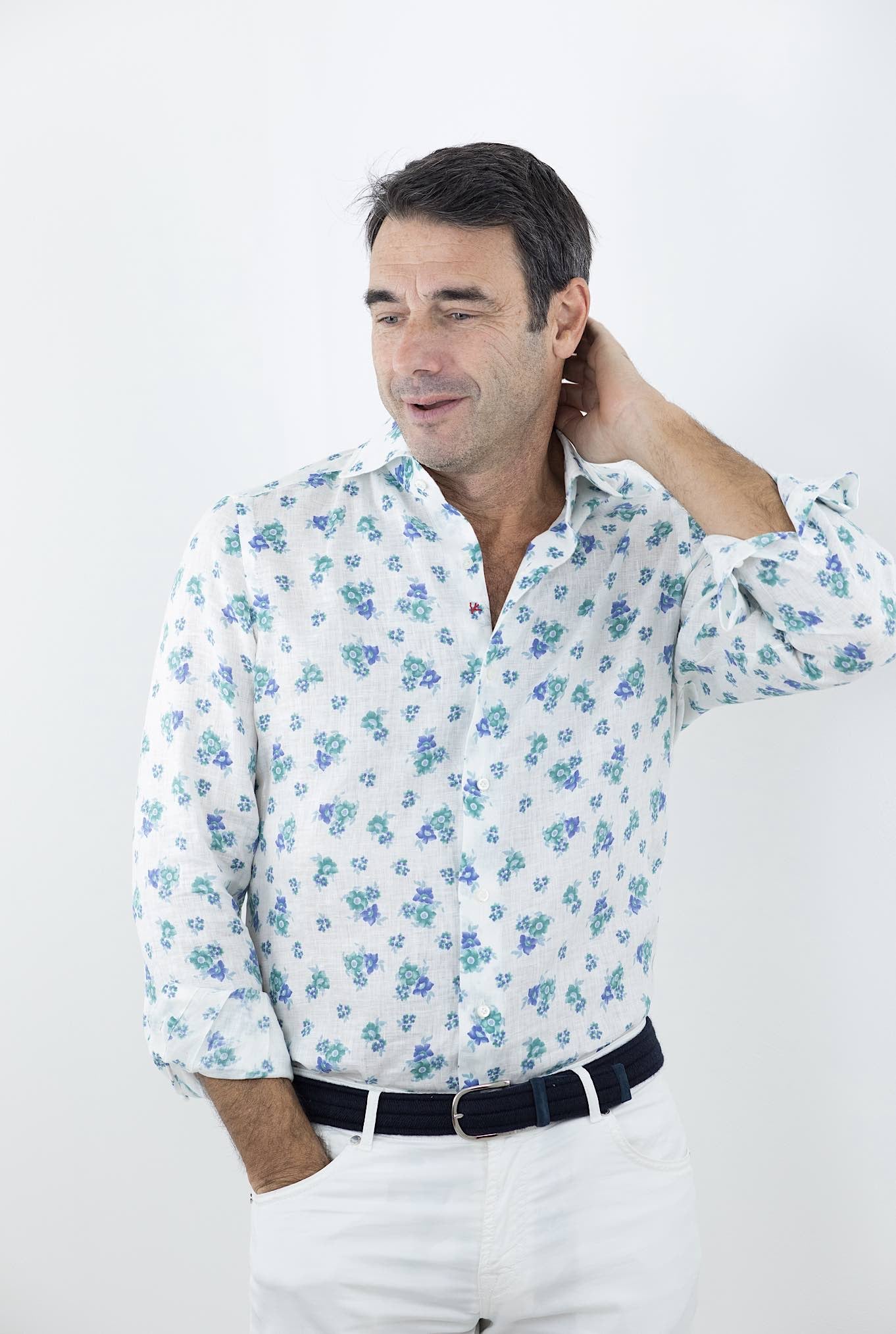 ISAIA Camicia Fantasia Lino Bianca/Blu/Azzurra