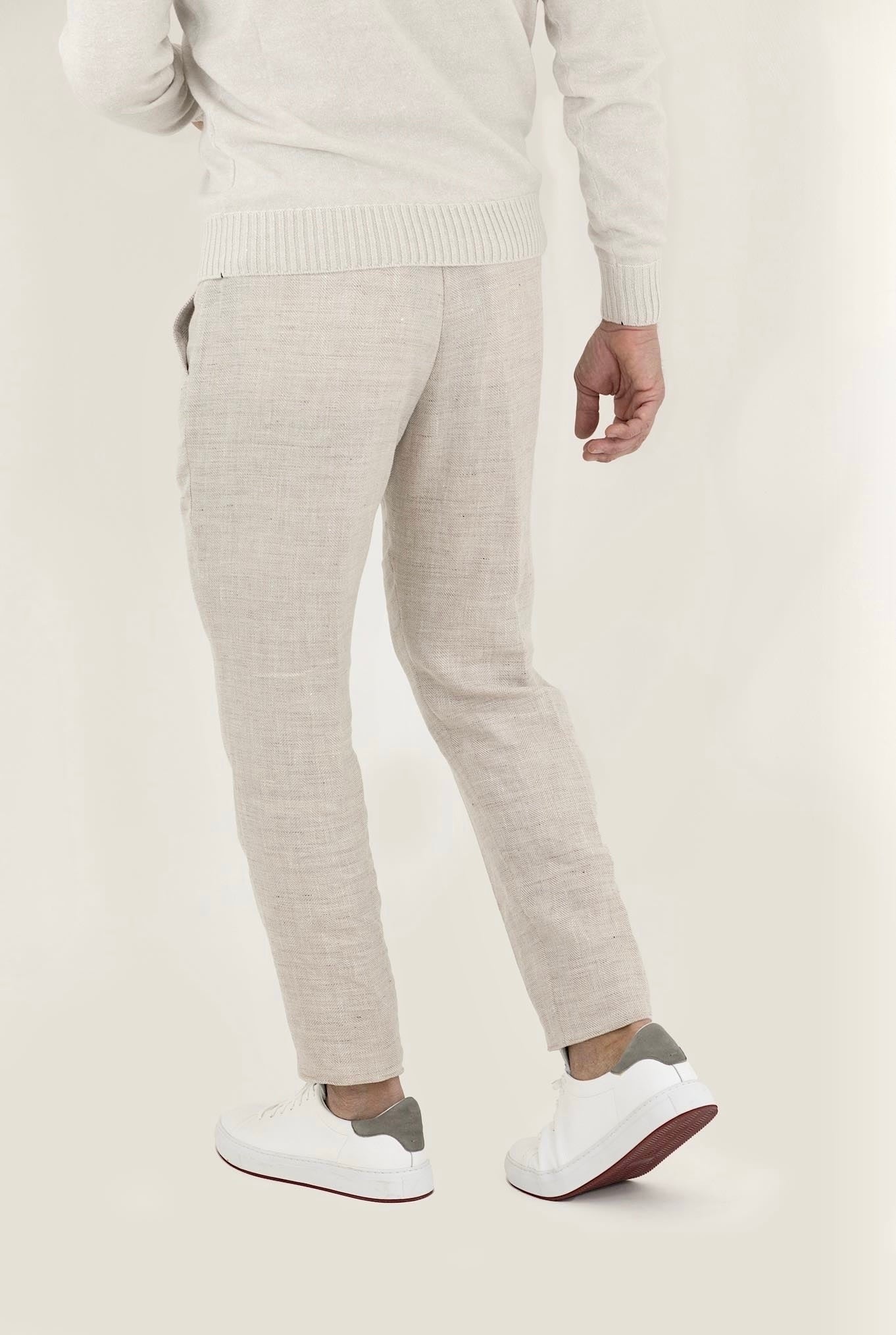 MARCO PESCAROLO Beige Herringbone Drawstring Trousers