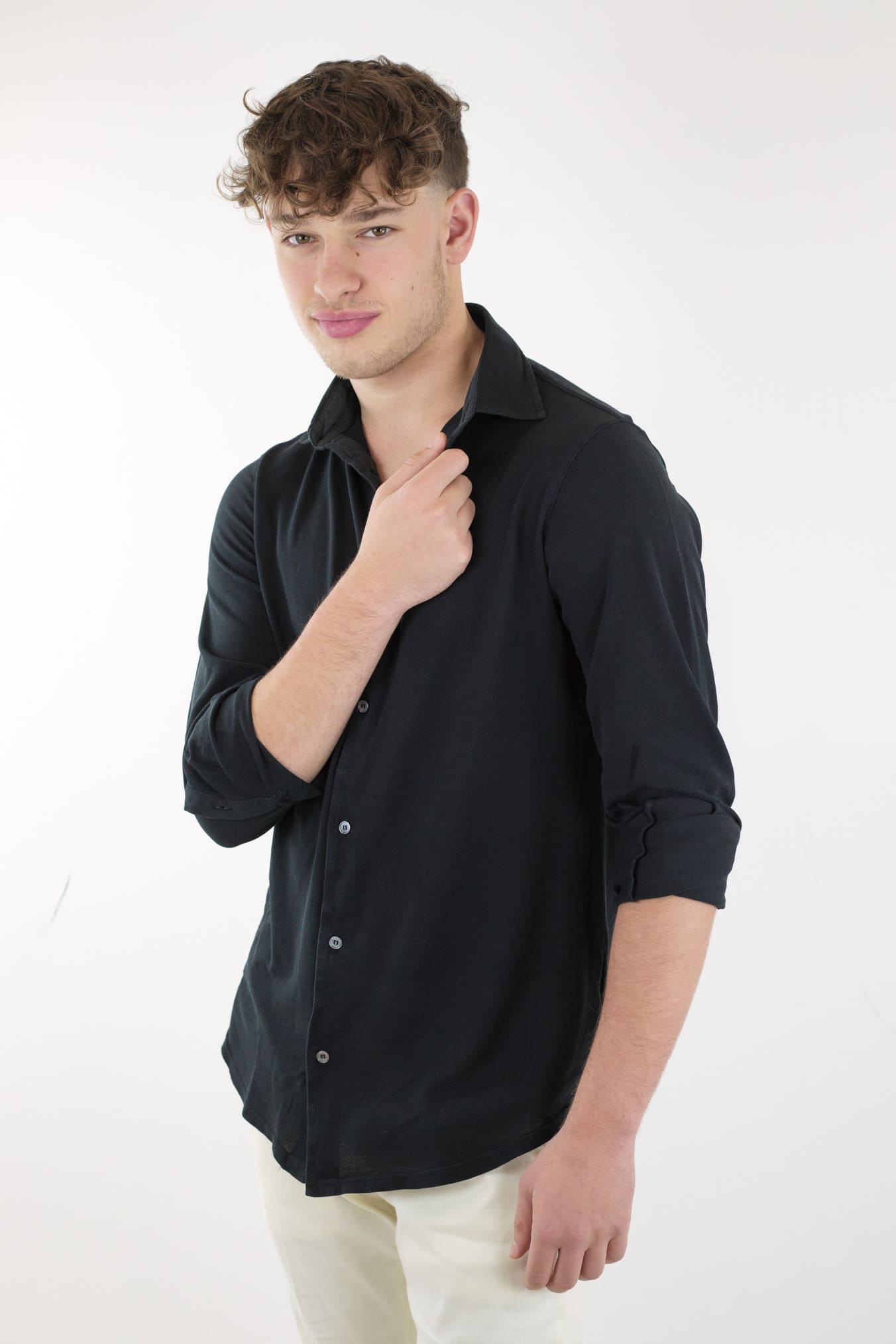 FEDELI Black Frosted Piquet Cotton Shirt