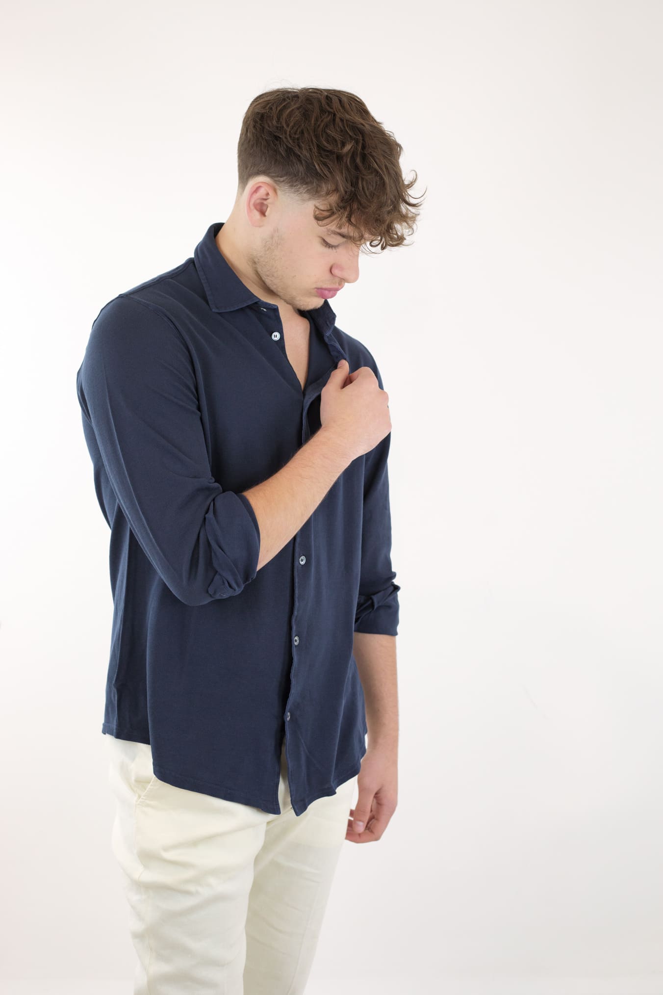 FEDELI Navy Blue Frosted Piquet Cotton Shirt