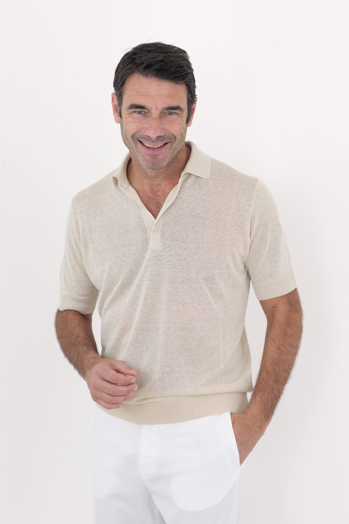 GUARINO Silk and Linen Polo Shirt Short Sleeves White Wool