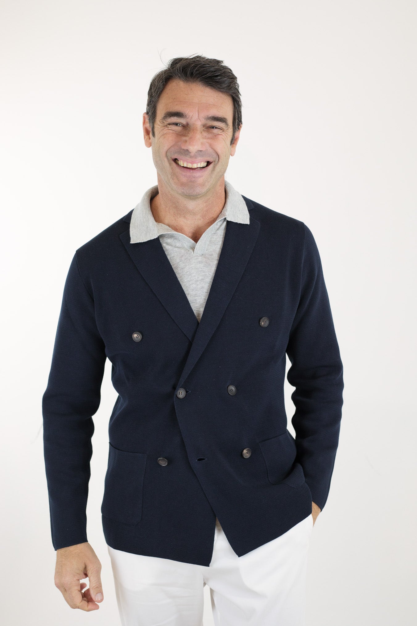 GUARINO Double-breasted Navy Blue Cotton Jersey Jacket