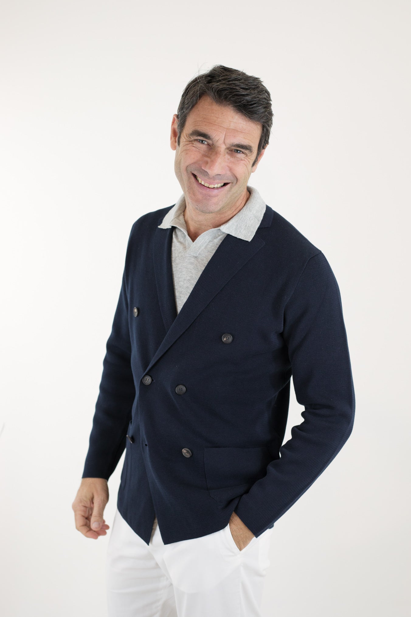 GUARINO Double-breasted Navy Blue Cotton Jersey Jacket