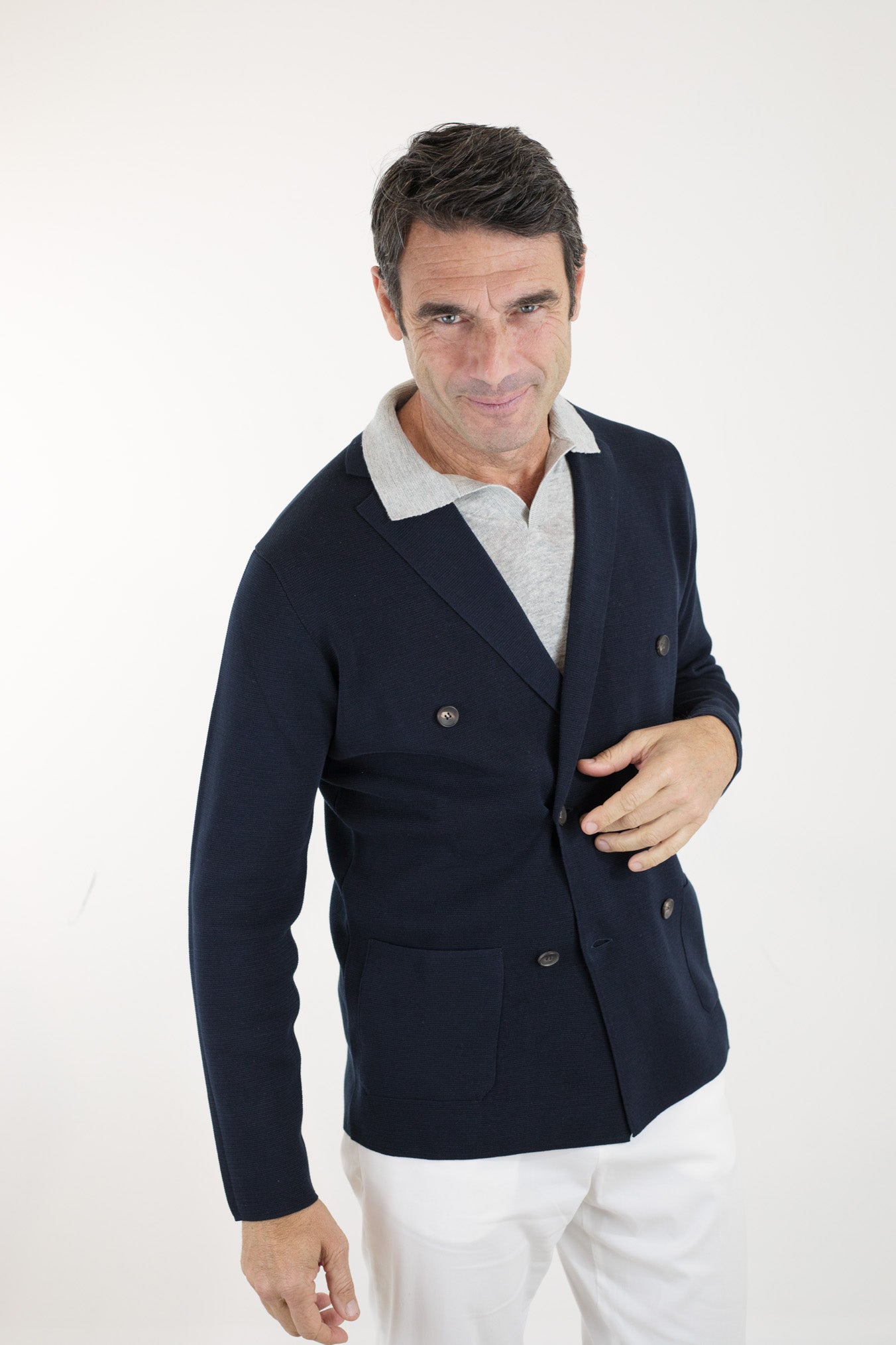 GUARINO Double-breasted Navy Blue Cotton Jersey Jacket