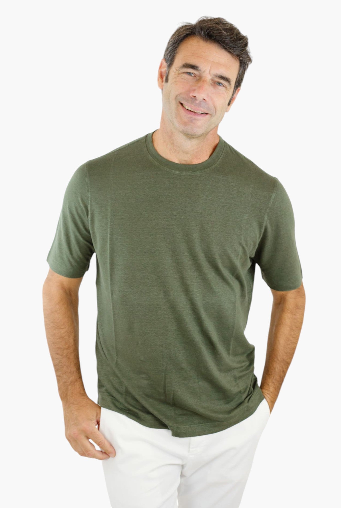 GUARINO Linen Jersey T-Shirt Short Sleeves Military Green