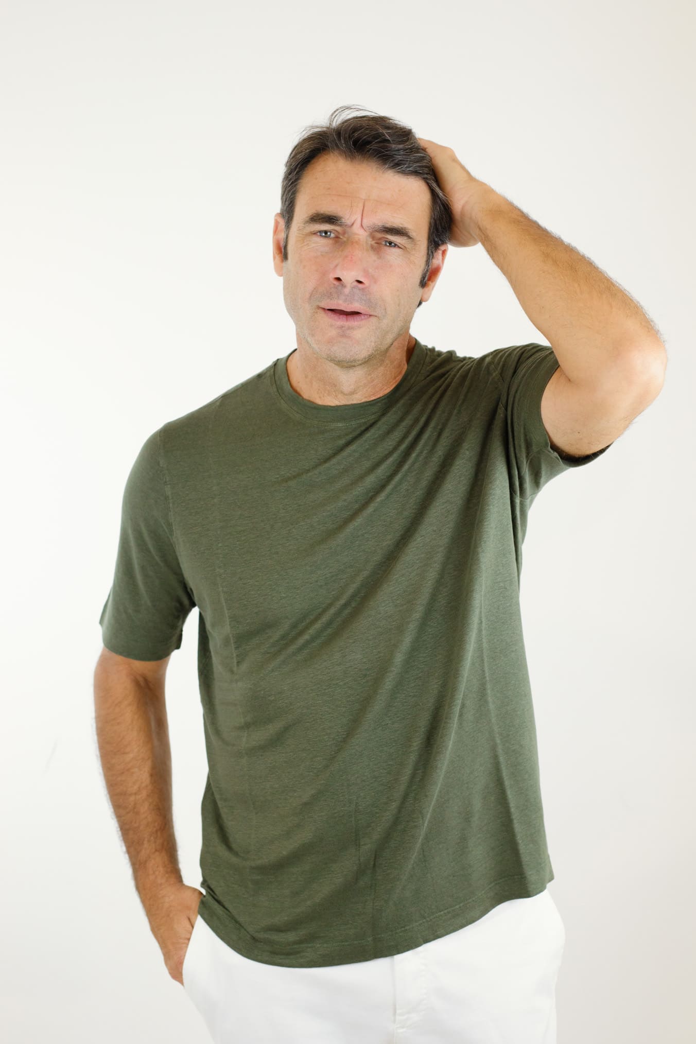 GUARINO T-Shirt Jersey Lino Maniche Corte Verde Militare