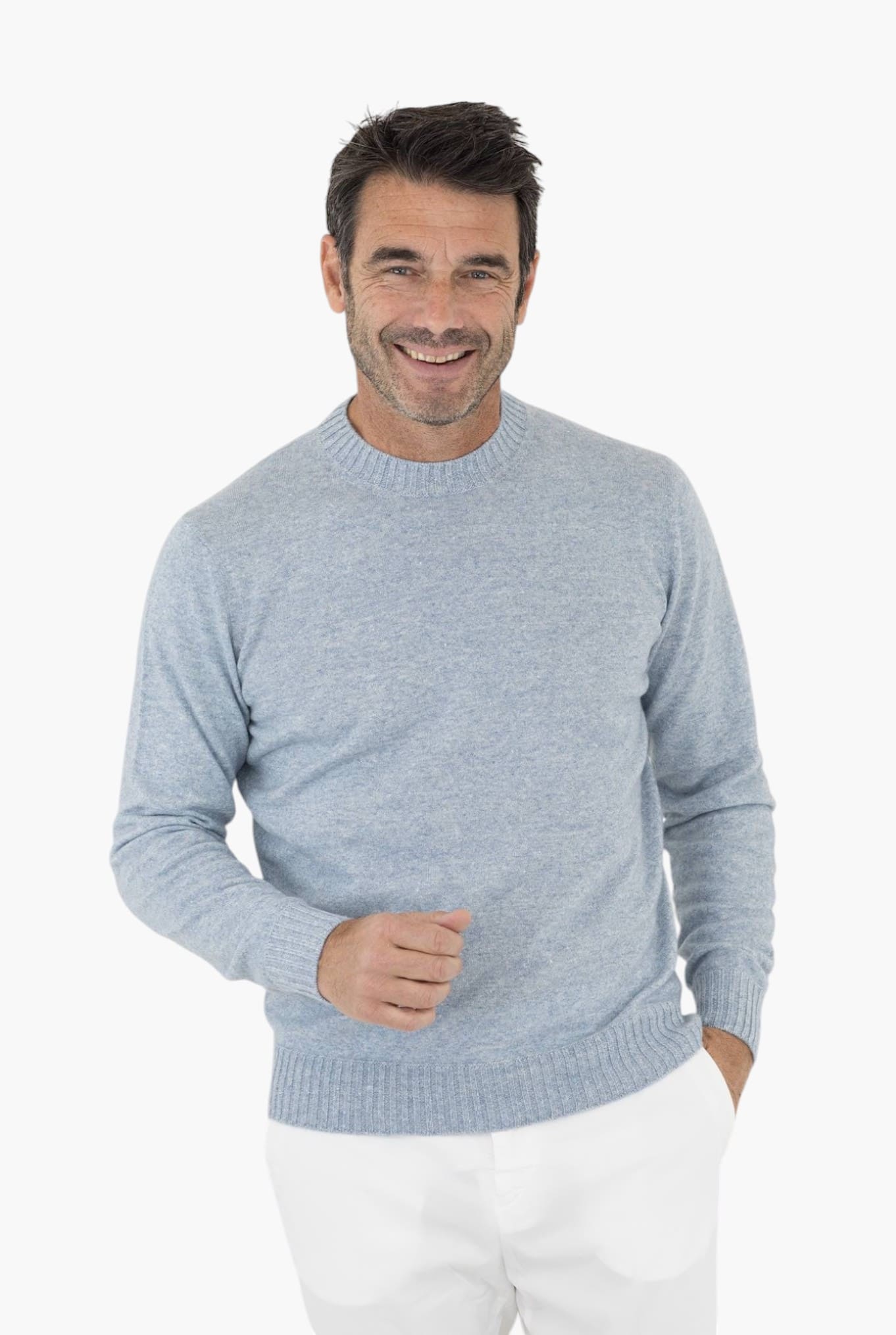 FIORONI Crewneck Cashmere and Linen Light Blue Mélange