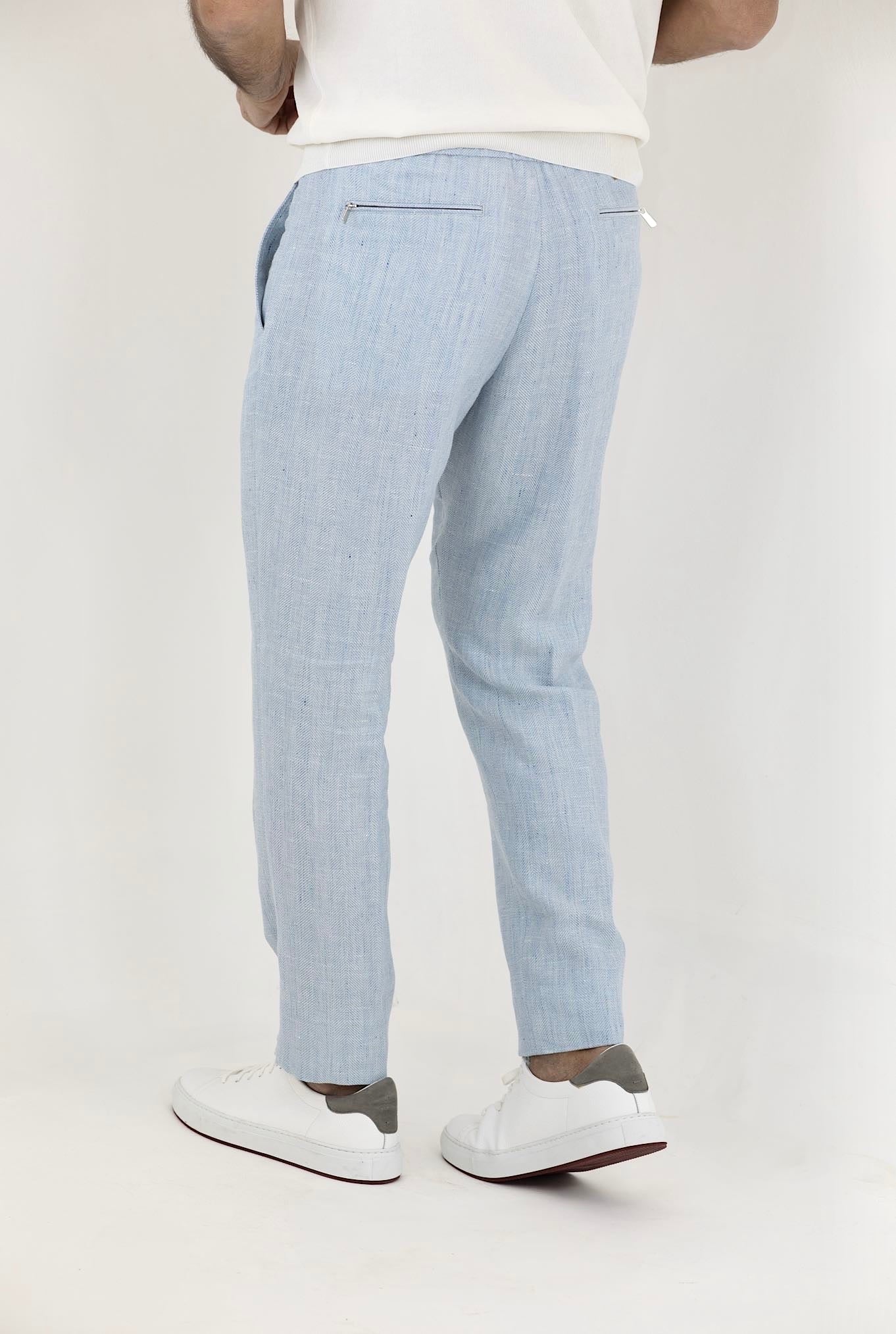 MARCO PESCAROLO Light Blue Herringbone Drawstring Trousers