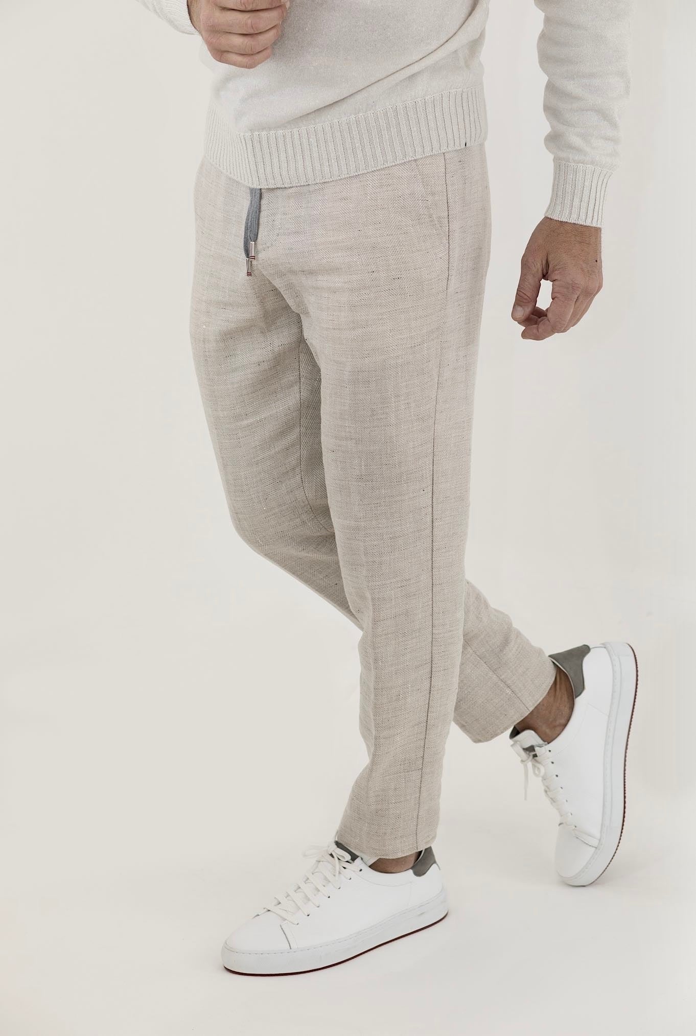 MARCO PESCAROLO Beige Herringbone Drawstring Trousers