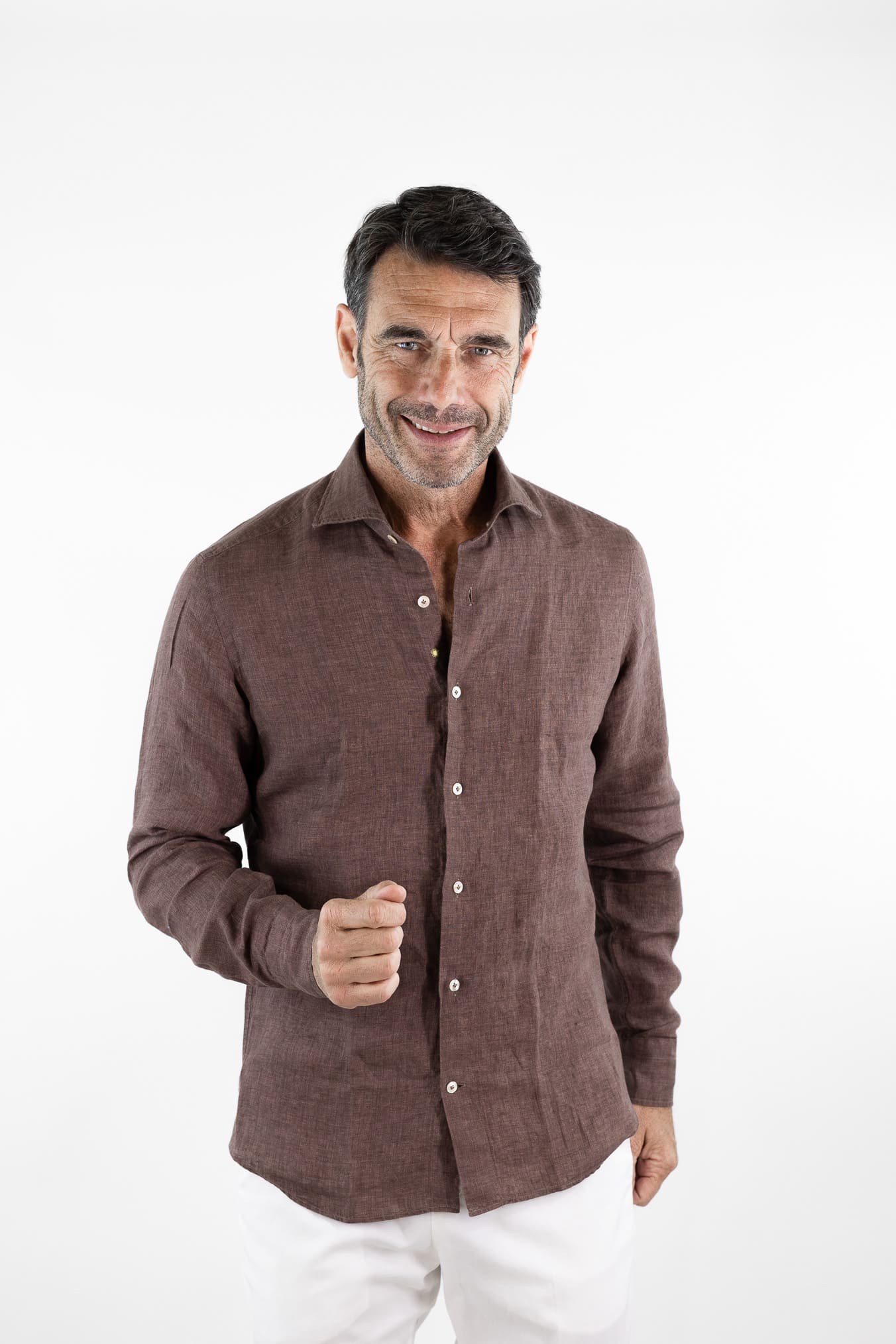 GIANNETTO PORTOFINO Camicia Lino Marrone SLIM FIT