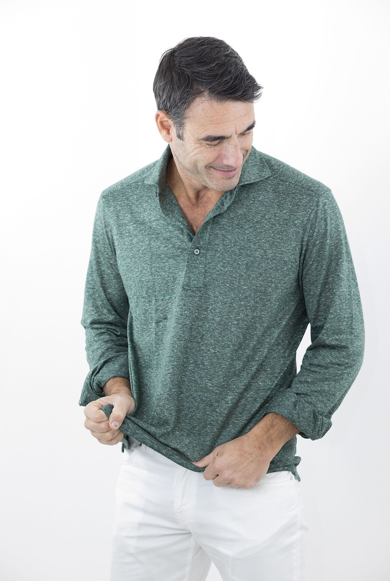 FRAY Polo in Lino Maniche Lunghe Verde