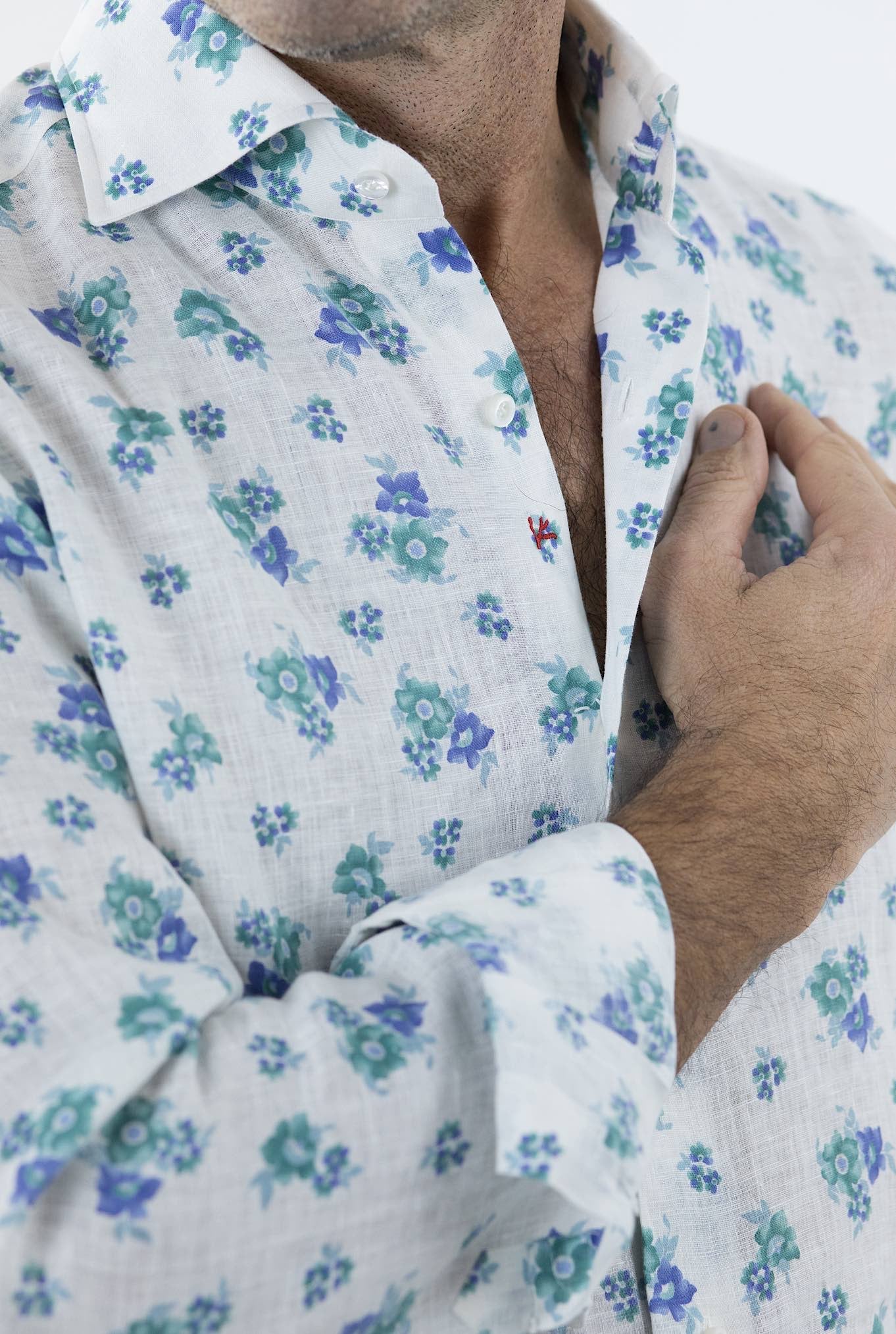 ISAIA Linen Patterned Shirt White/Blue/Light Blue