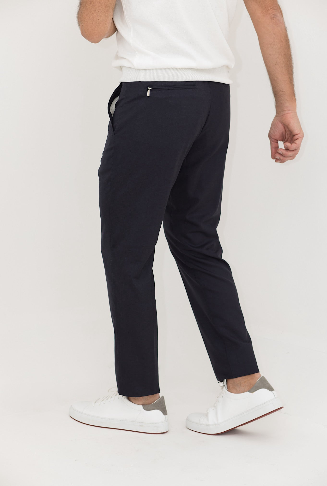 Dark Blue Wool and Silk Drawstring Trousers