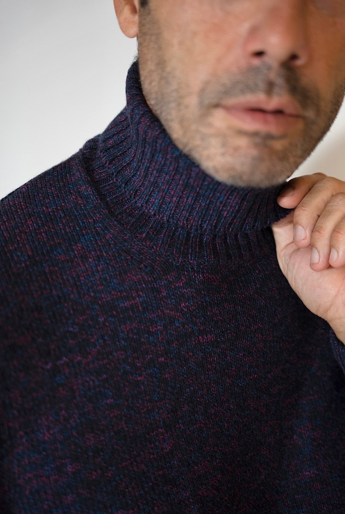 SETTEFILI CASHMERE Blue Patterned Cotton and Wool Shaved Turtleneck