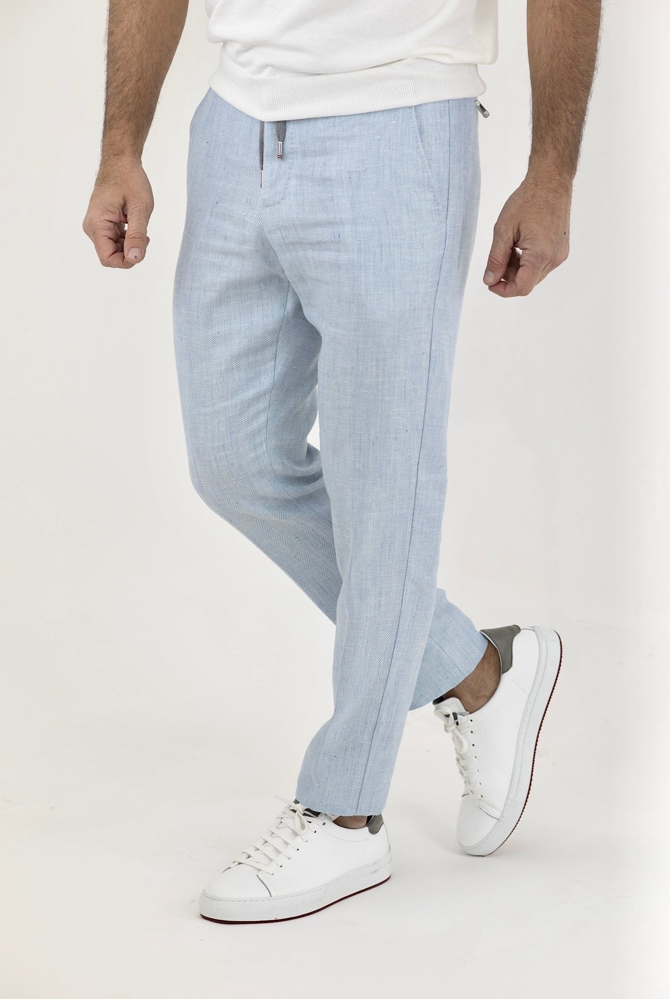 MARCO PESCAROLO Light Blue Herringbone Drawstring Trousers