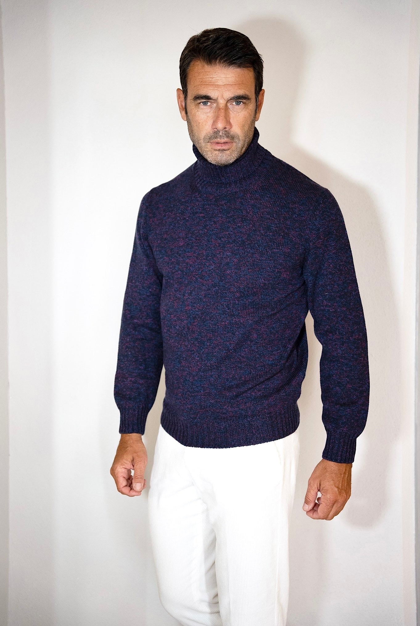 SETTEFILI CASHMERE Blue Patterned Cotton and Wool Shaved Turtleneck