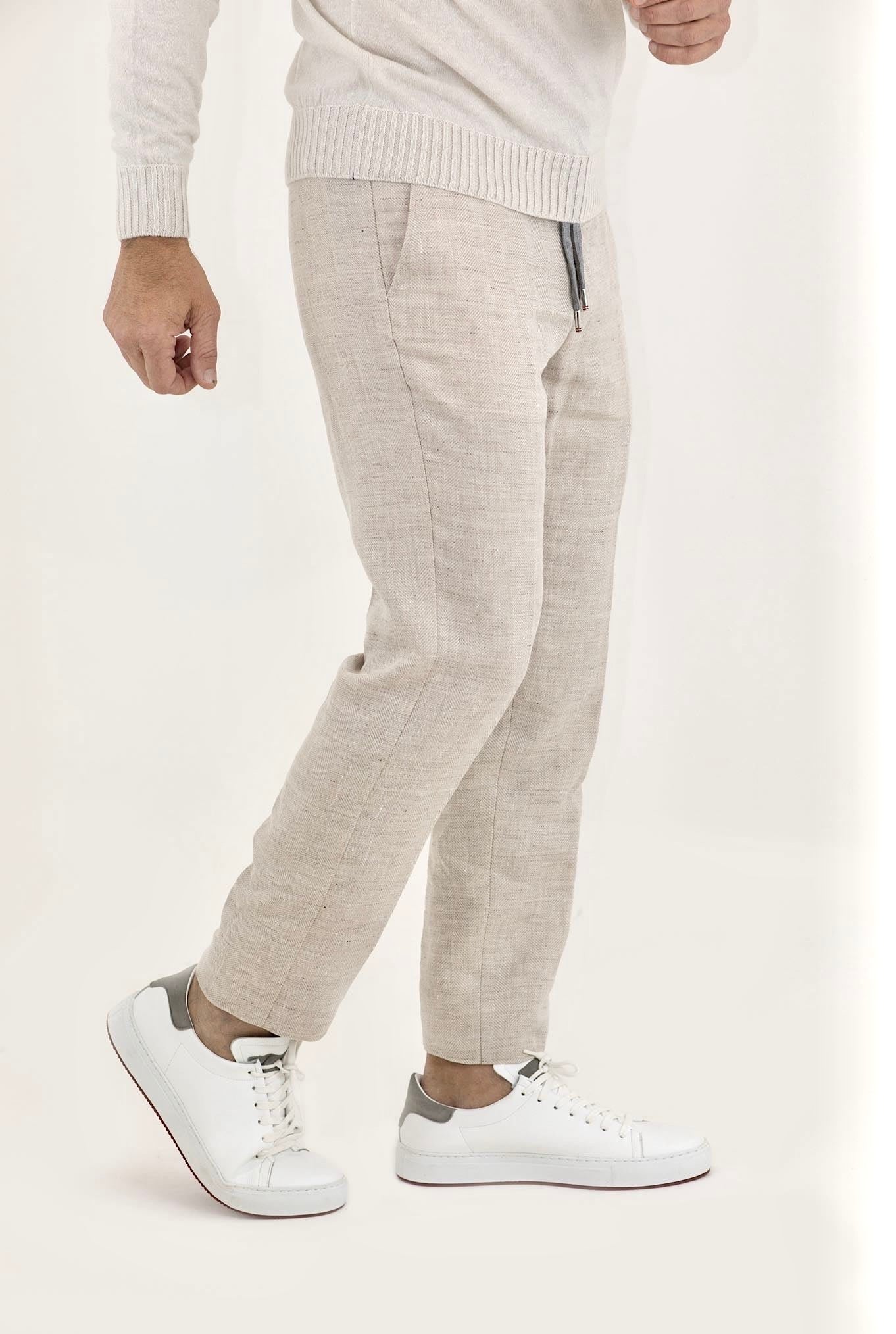 MARCO PESCAROLO Beige Herringbone Drawstring Trousers