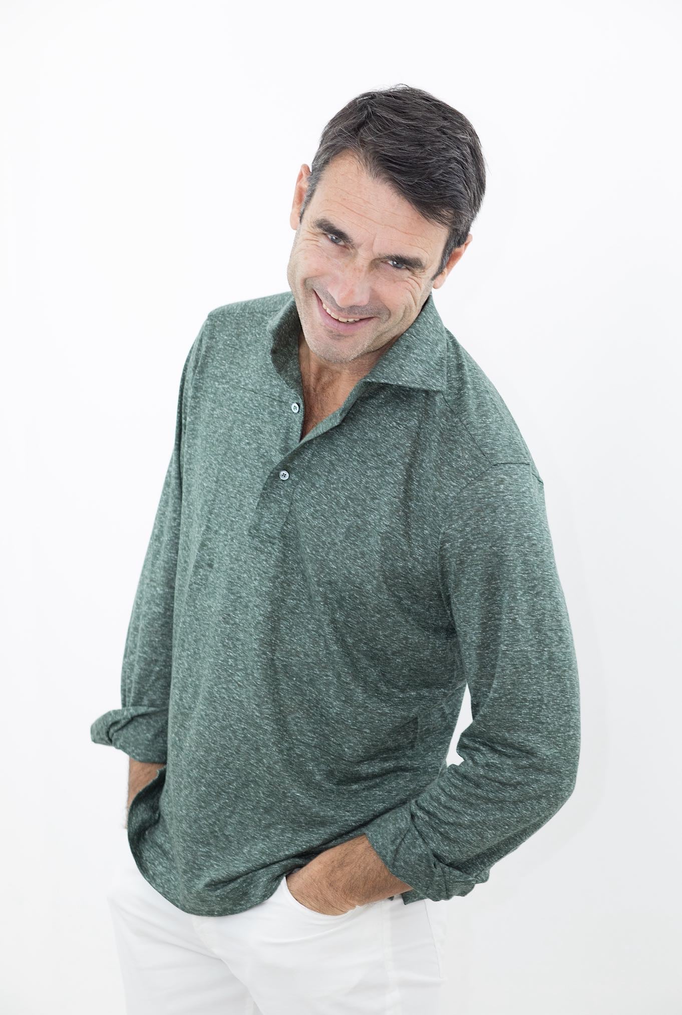 FRAY Polo in Lino Maniche Lunghe Verde