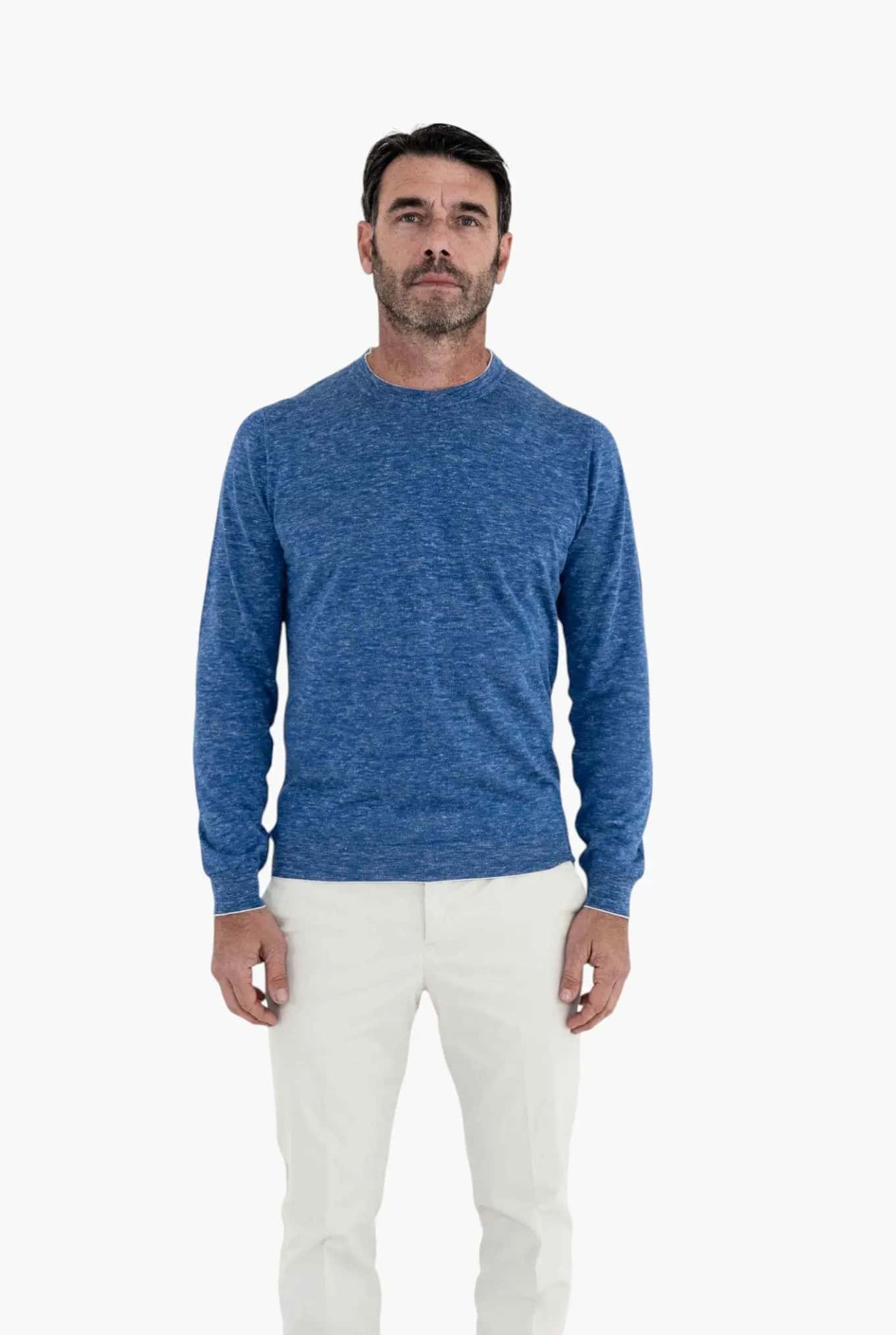Girocollo Seta e Lino Manica Lunga Azzurro Mélange - Guarino Store